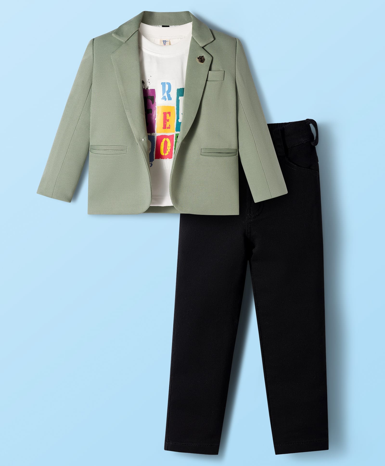 Dapper Dudes Full Sleeves Textured Blazer With Typography Printed Tee & Pant Set - Green-image-35