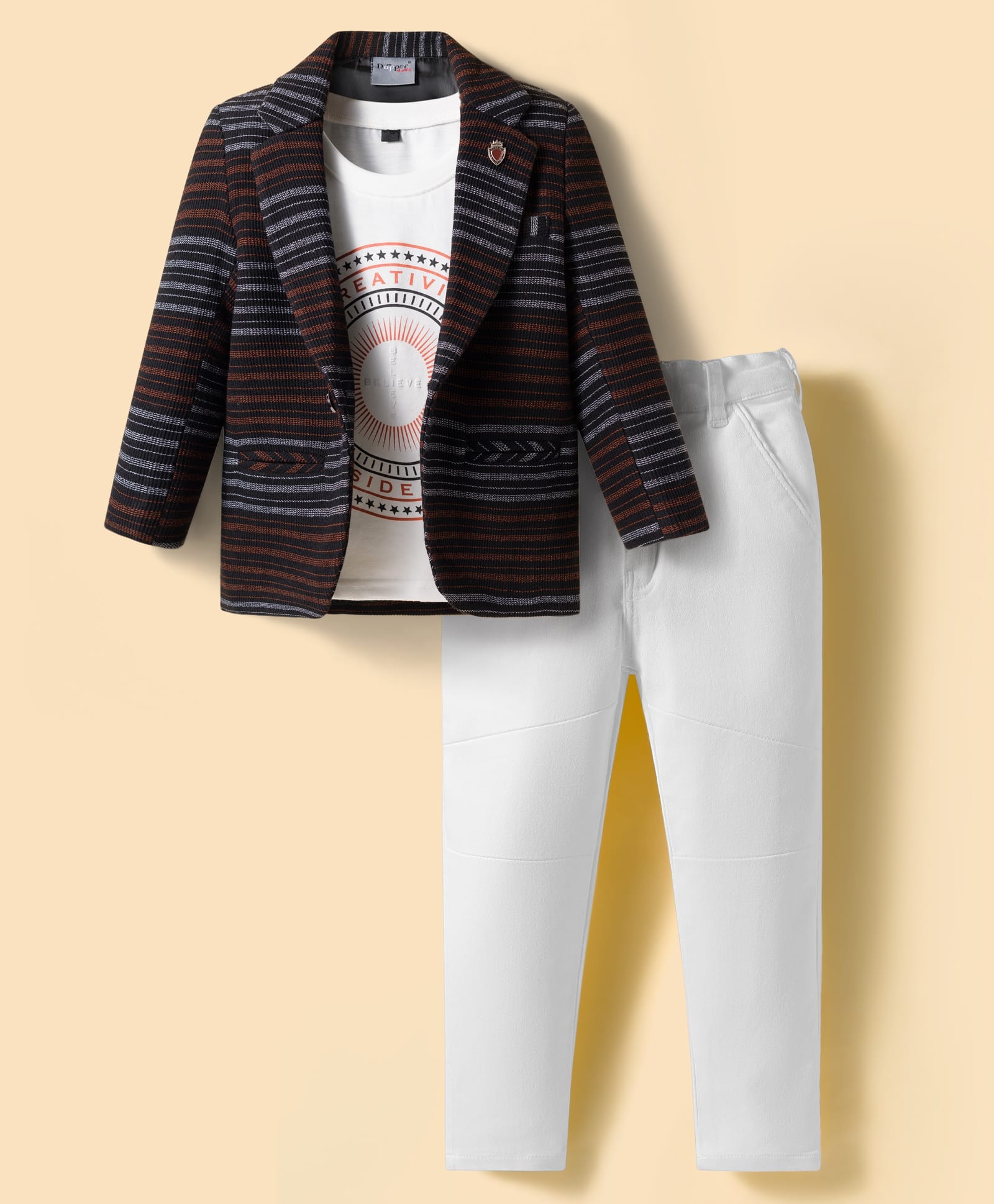 Dapper Dudes Full Sleeves Striped Blazer With Typography Printed Tee & Pant Set - Brown-picture-12