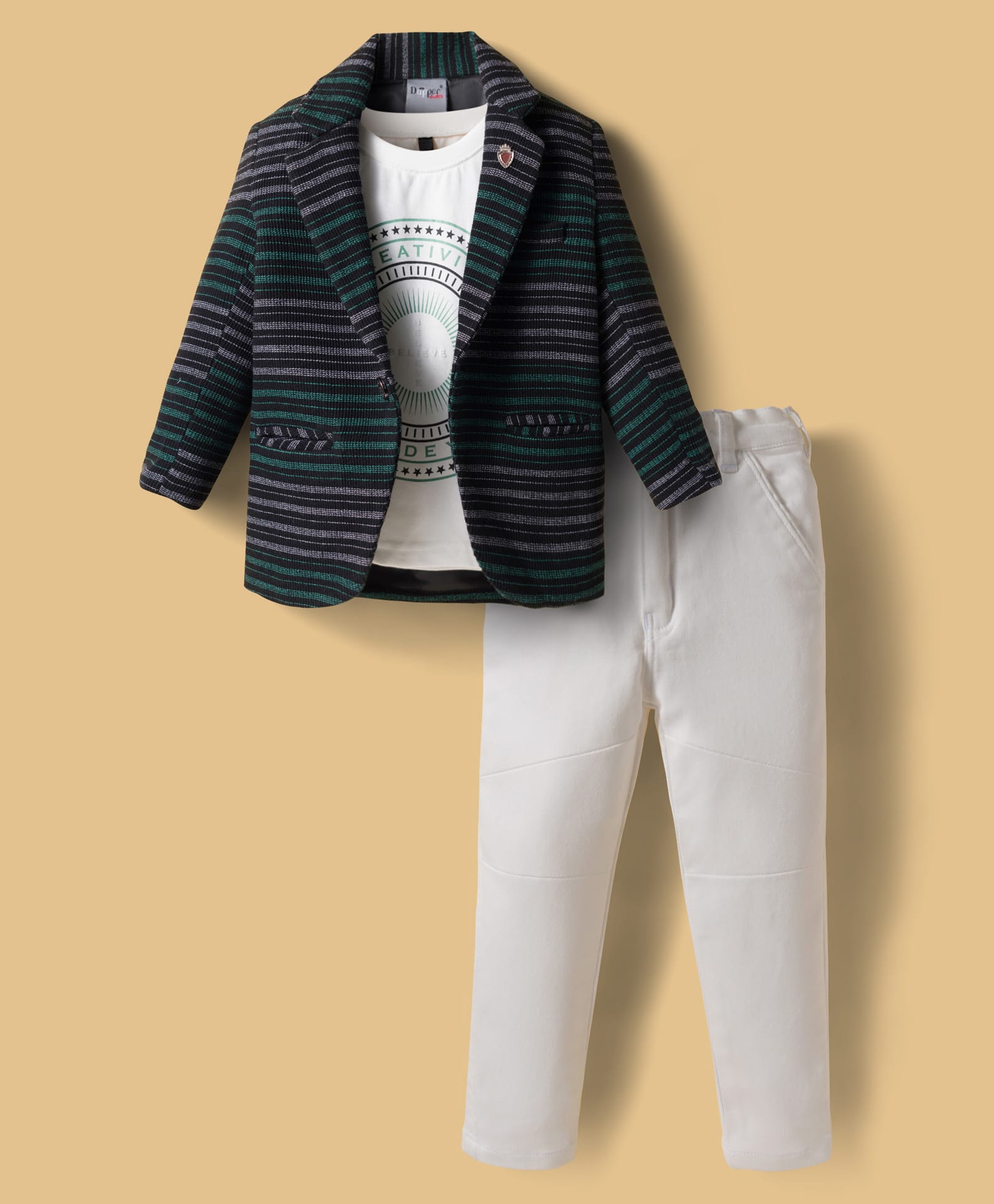Dapper Dudes Full Sleeves Striped Blazer With Typography Printed Tee & Pant Set - Green-picture-20