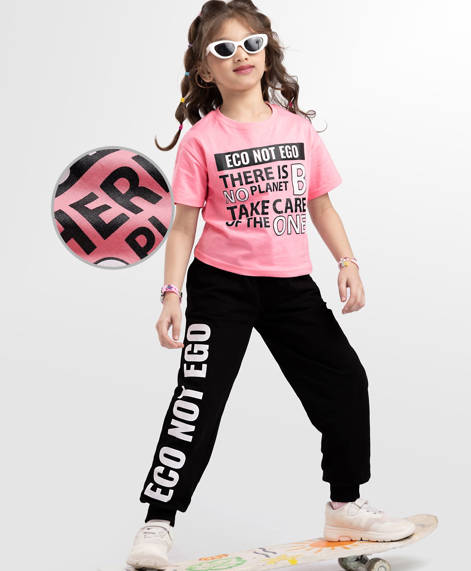 OLLINGTON ST. 100% Cotton Half Sleeves Text Printed Top & Knit Pant Set - Pink & Black-image-19