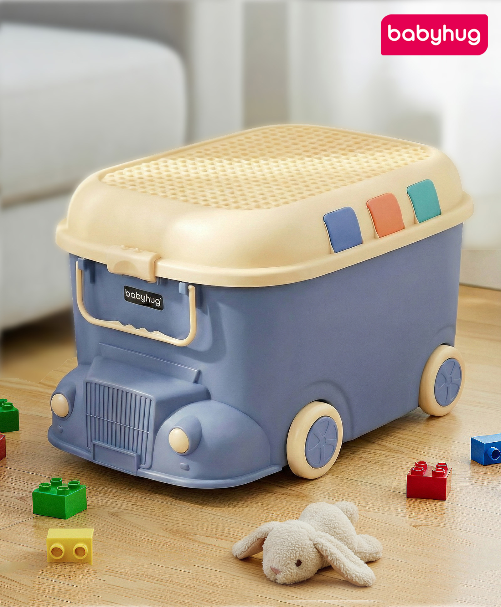 Babyhug Multipurpose Storage Box with Wheels for Kids Truck Theme - Classic Blue| Toy Storage Organizer with Pull Along Handle| Clip Lock Lid| Use as Ride-On & Building Block Tray| Kids Room Storage-picture-11