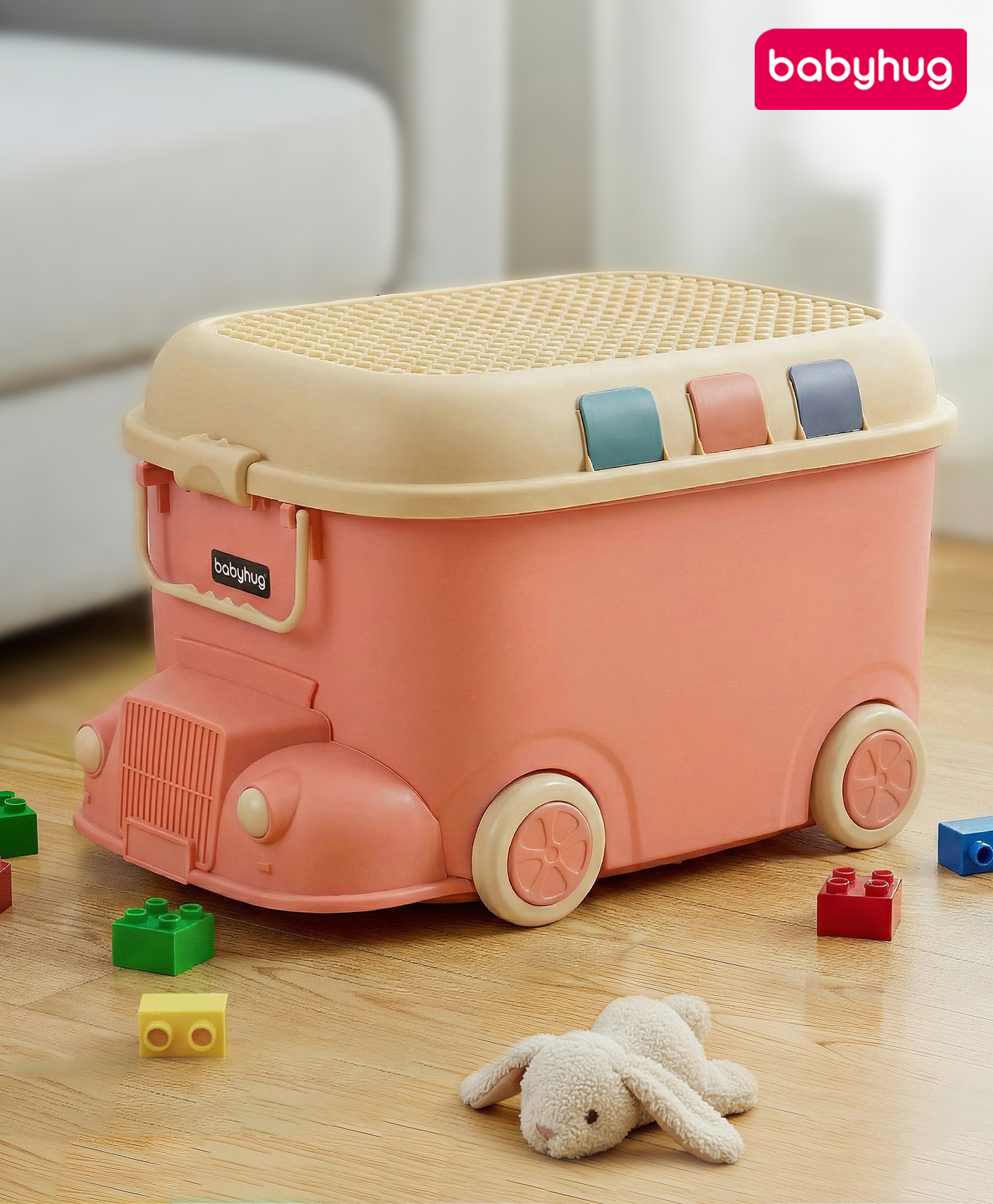 Babyhug Multipurpose Storage Box with Wheels for Kids Truck Theme - Rusty Orange| Toy Storage Organizer with Pull Along Handle| Clip Lock Lid| Use as Ride-On & Building Block Tray| Kids Room Storage-image-27