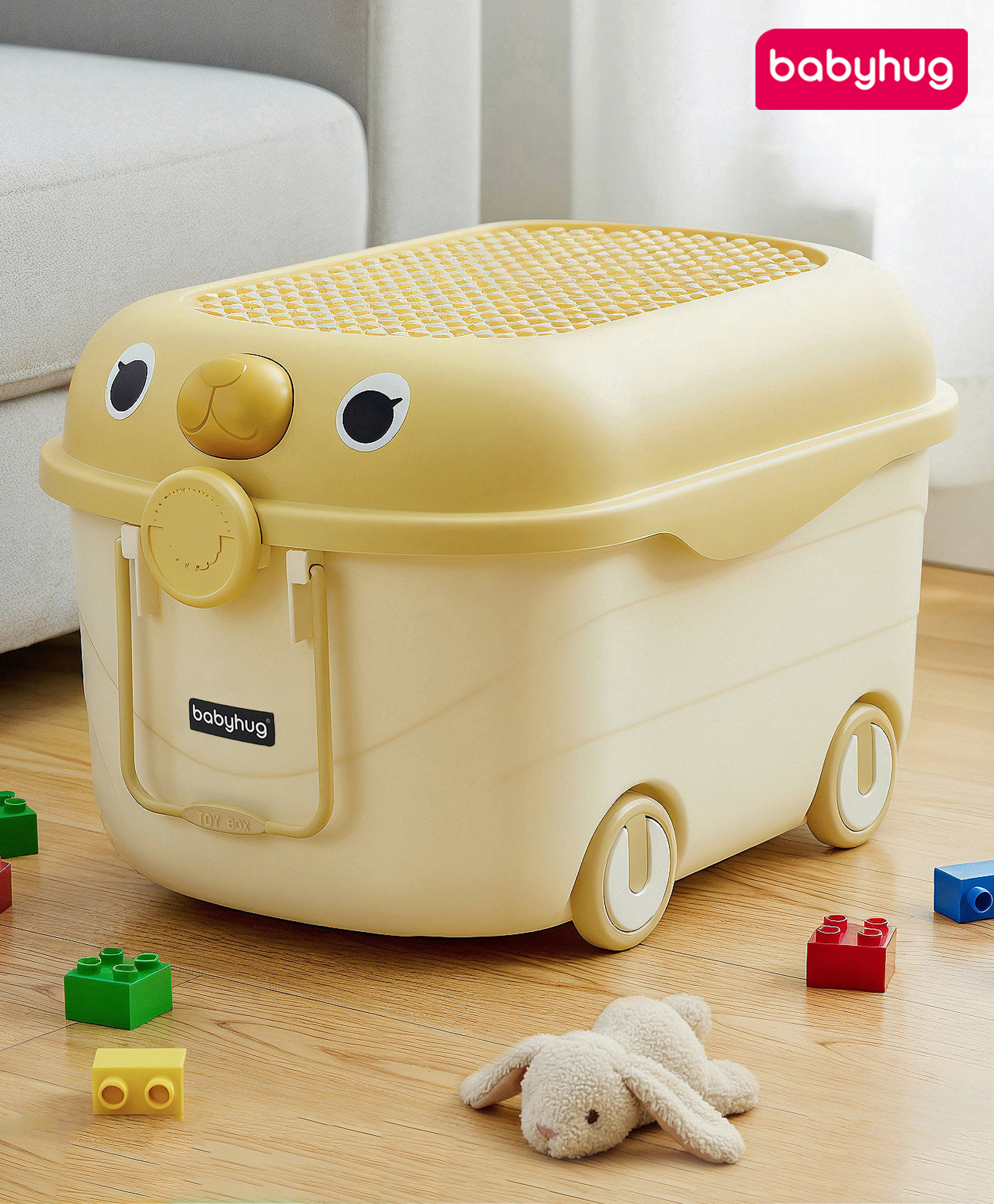 Babyhug Multipurpose Storage Box with Wheels for Kids Animal Theme Pastel Yellow| Toy Storage Organizer with Pull Along Handle| Clip Lock Lid| Use as Ride-On & Building Block Tray| Kids Room Storage-image-7