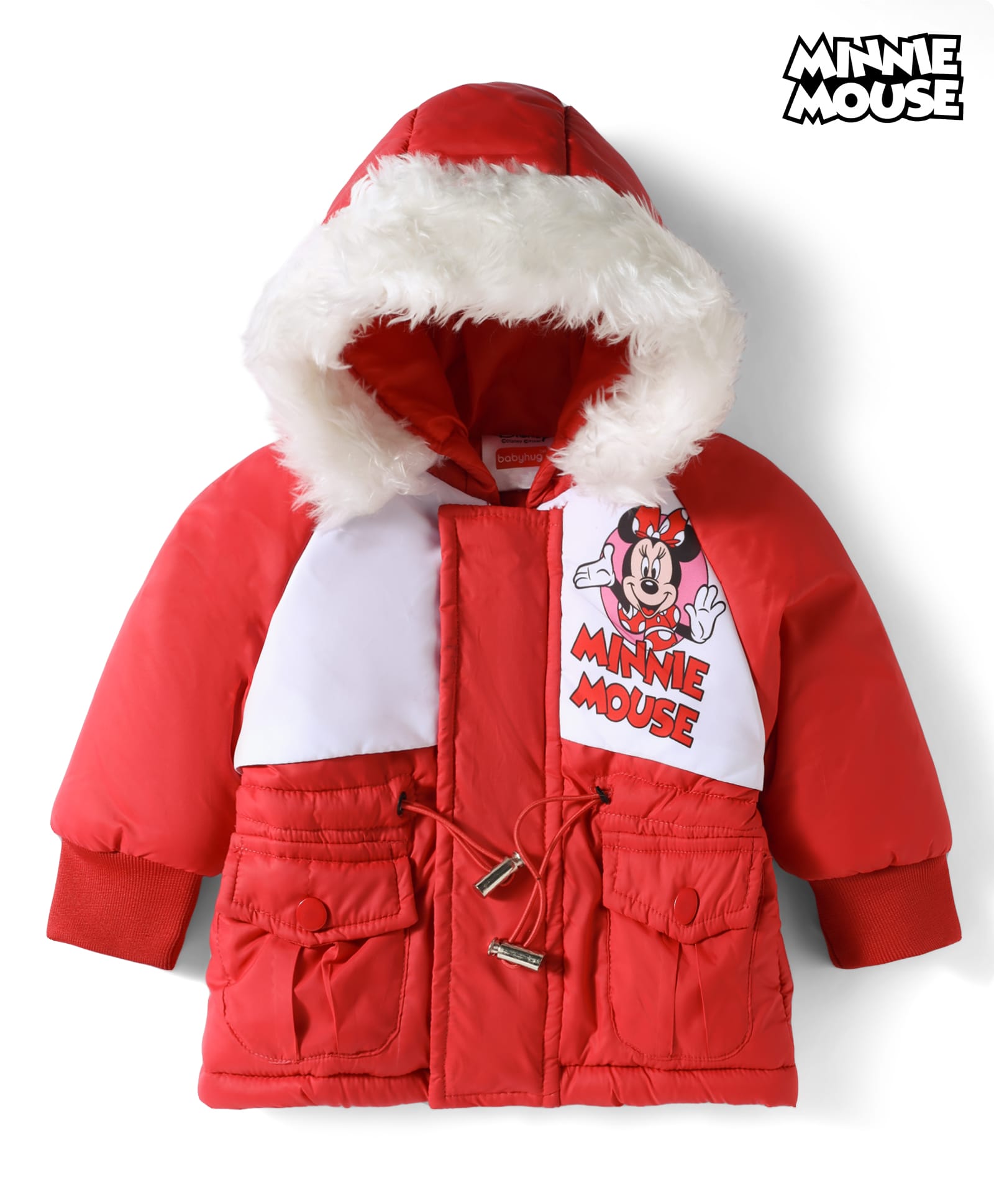 Babyhug Disney Woven Full Raglan Sleeves Hooded Padded Jacket with Minnie Mouse Print - Red-image-14