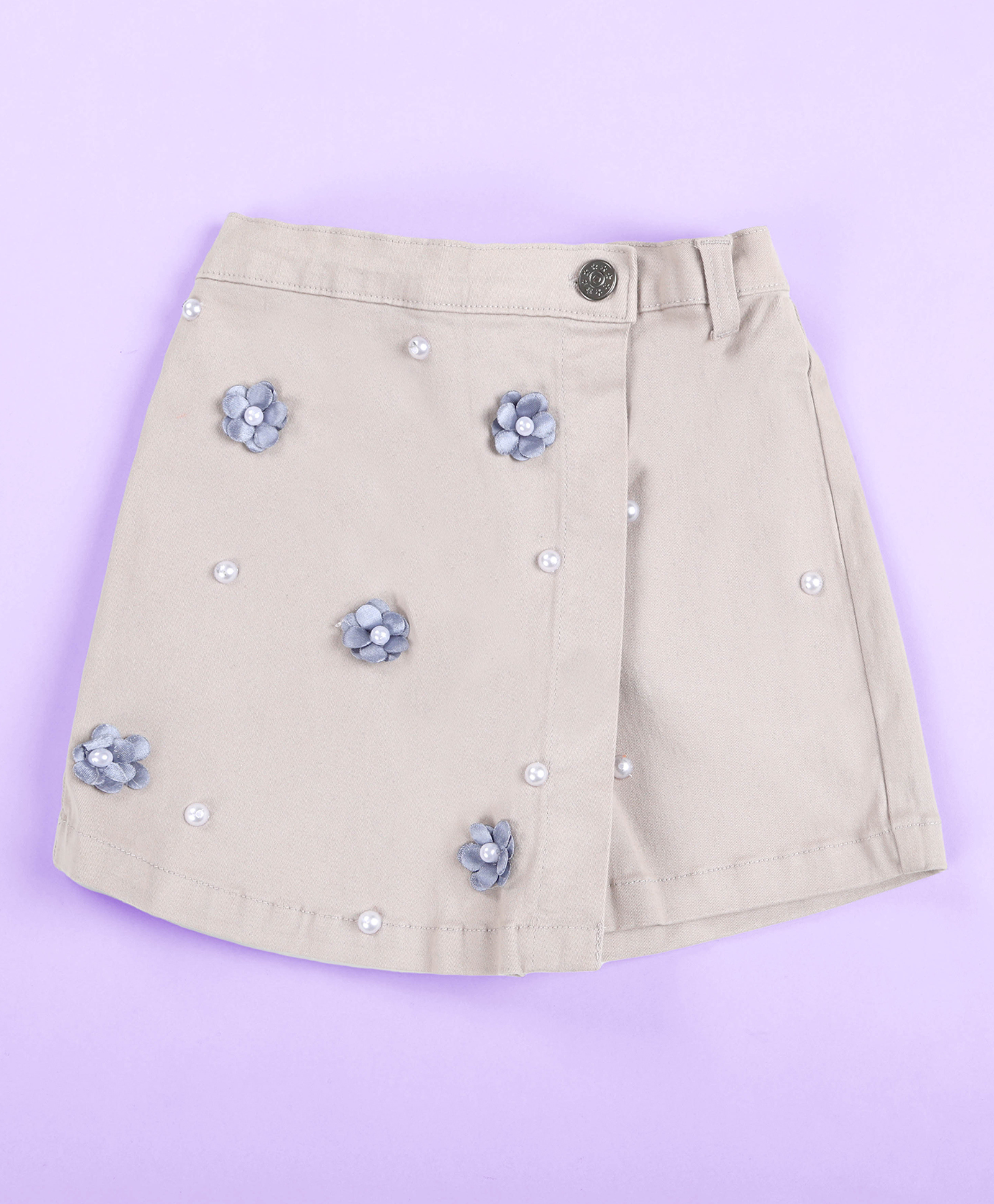 Kiddopanti Cotton Woven Floral Applique And Pearl Embellished Skort - Grey-image-10