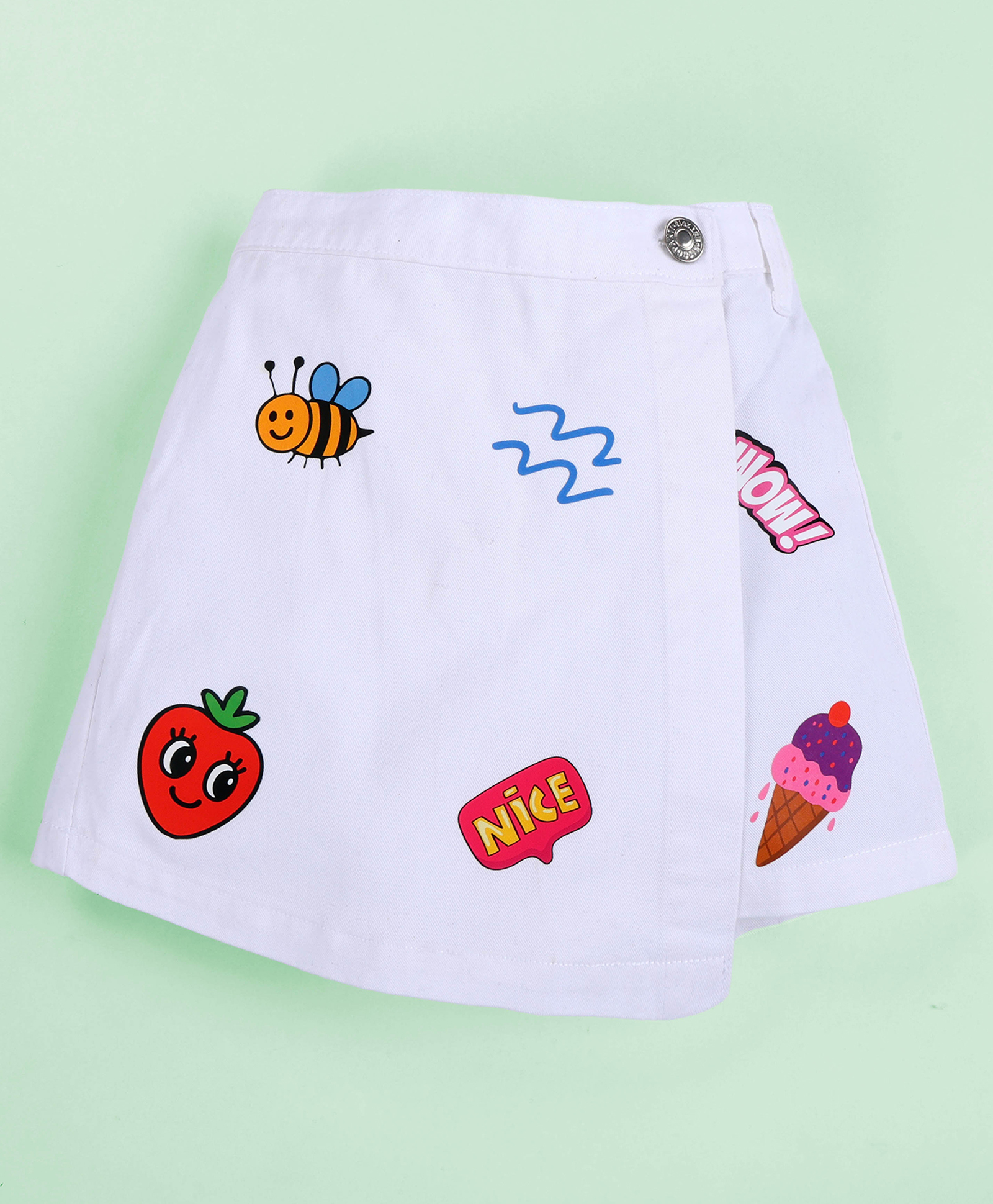 Kiddopanti Cotton Woven Strawberry Ice Cream Printed Skort - White-picture-24