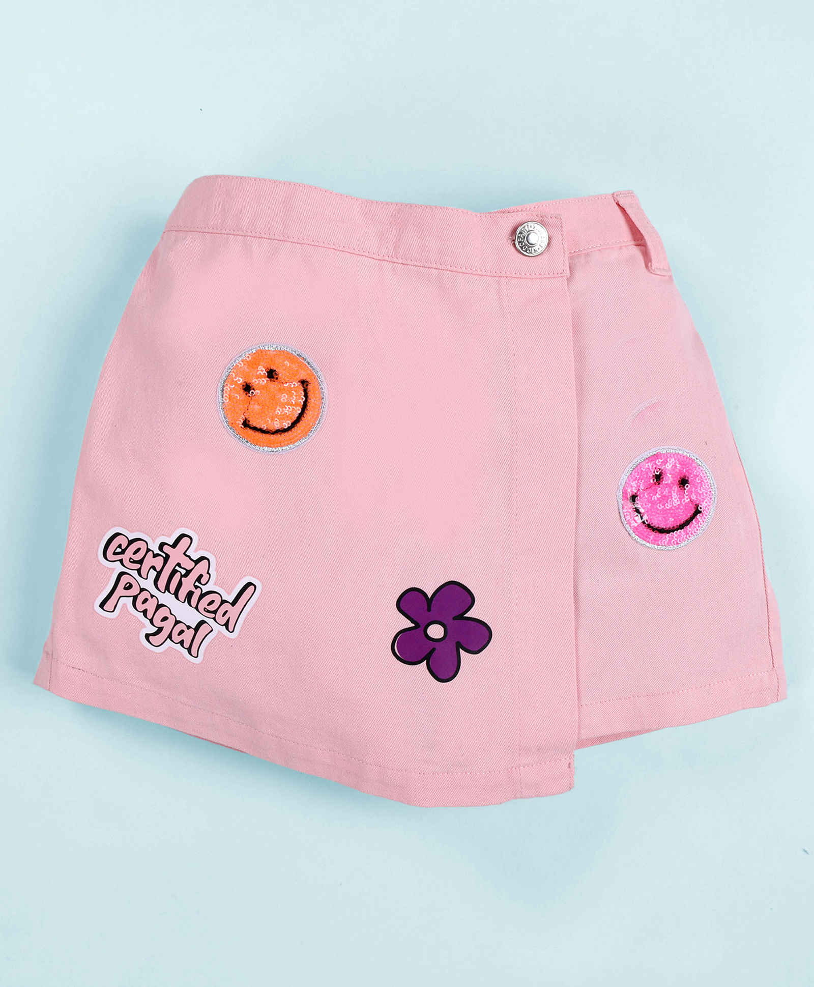 Kiddopanti Cotton Woven Certified Pagal Text Printed & Smiley Badge Detailed Over Lap Skort - Pink-image-22