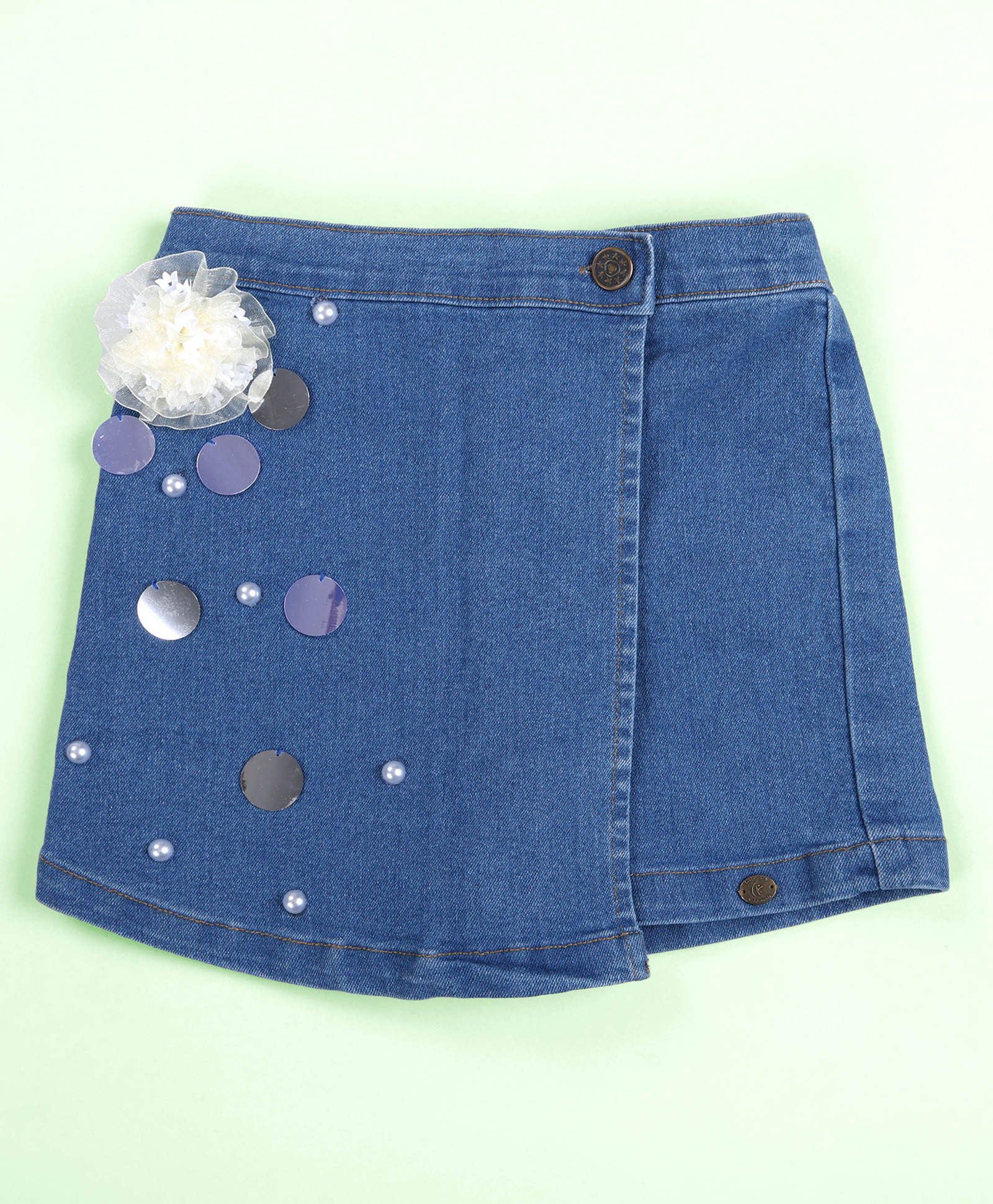 Kiddopanti Denim Woven Flower Applique & Mirror Work Detailed - Medium Blue & Yellow-picture-13