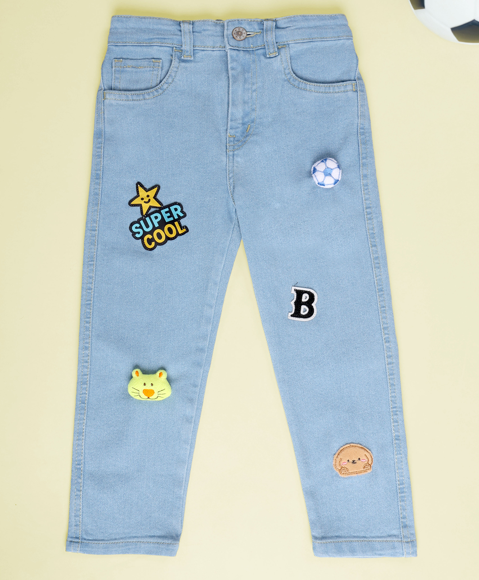 Kiddopanti Denim Woven Puppy & B Text Patch Detailed Jeans - Light Blue-picture-11