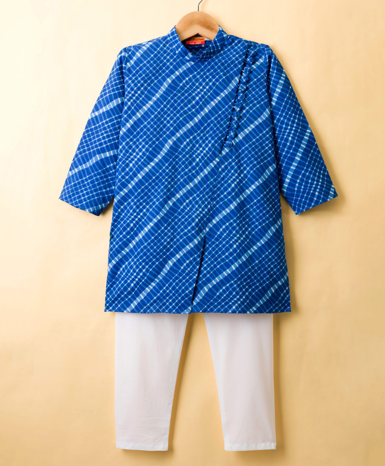 Exclusive from Jaipur Silk Woven Full Sleeves Checks Kurta Pyjama Set - Blue & White-picture-18