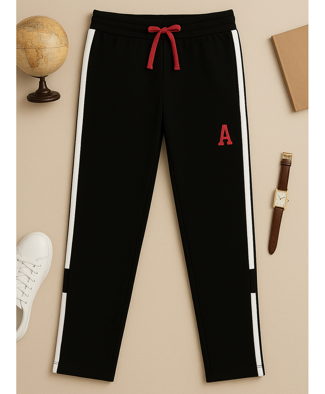 3PIN Cotton Knit Ribbed Waist Side Tape A Text Patch Detailed Track Pants - Black-image-4