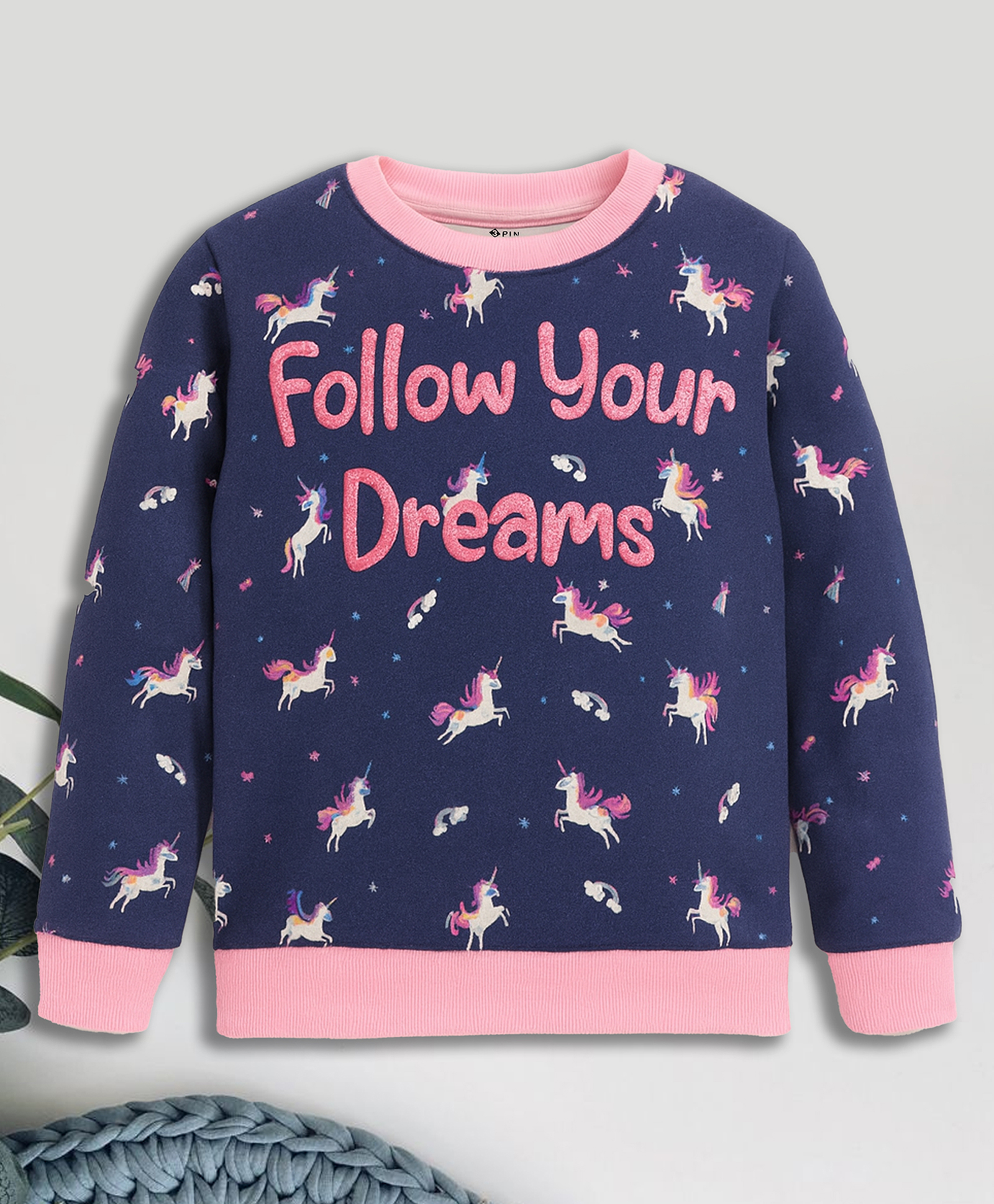 3PIN Knit Full Sleeves Unicorn & Follow Your Dreams Puff Printed Light Winter Sweatshirt - Navy Blue-image-41