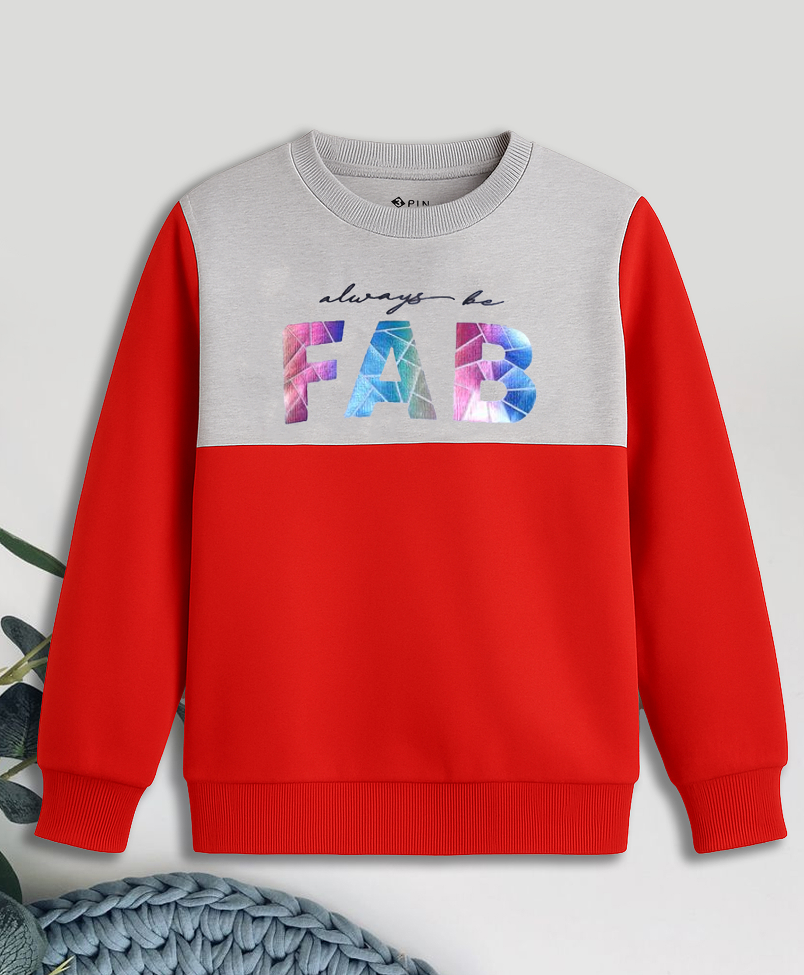 3PIN Knit Full Sleeves Colour Blocked Always Be Fab Text Printed Light Winter Sweatshirt - Red-image-36