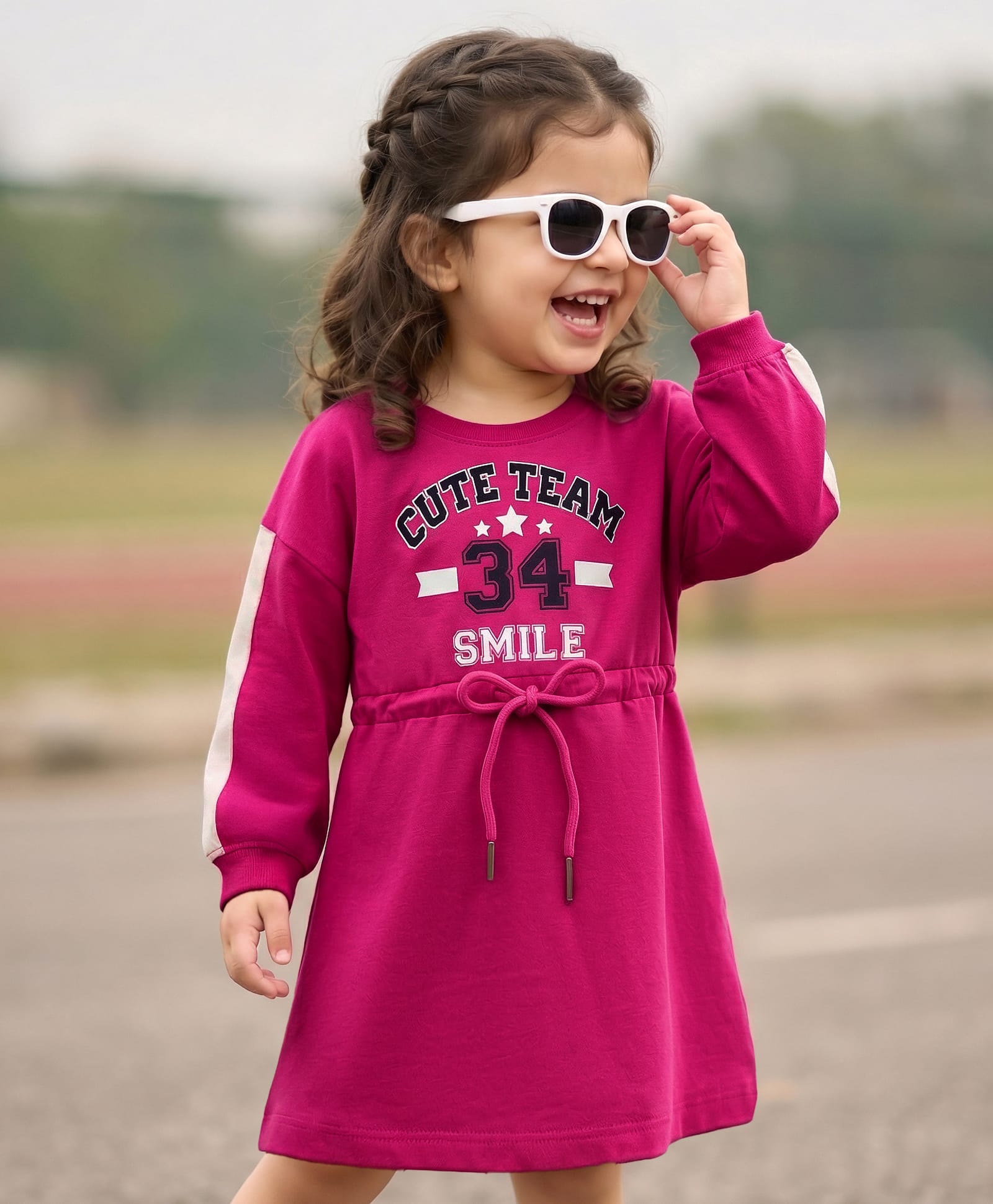 kookie kids india Kookie Kids Single Jersey Knit Full Sleeves Cut & Sew Dress with Cute Team Text Print & Waist Drawcord - Dark Pink-picture-30