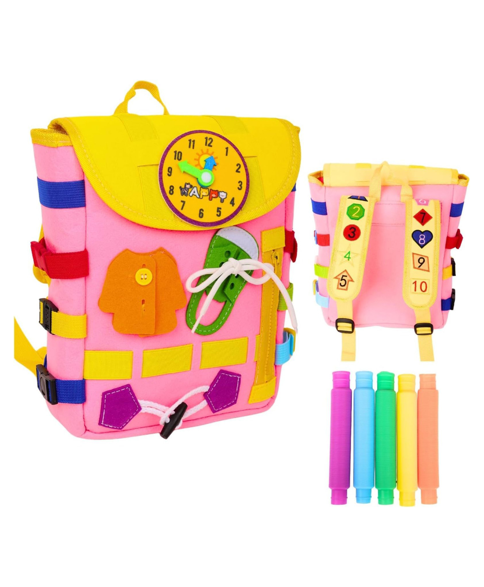 KolorFish Busy Board - Toddler Backpack with DIY Retractable Tube and Learning Activity Toys - Skills - Children's Travel Toy - Ideal Gift for 12 Months+ (Pink)-image-34