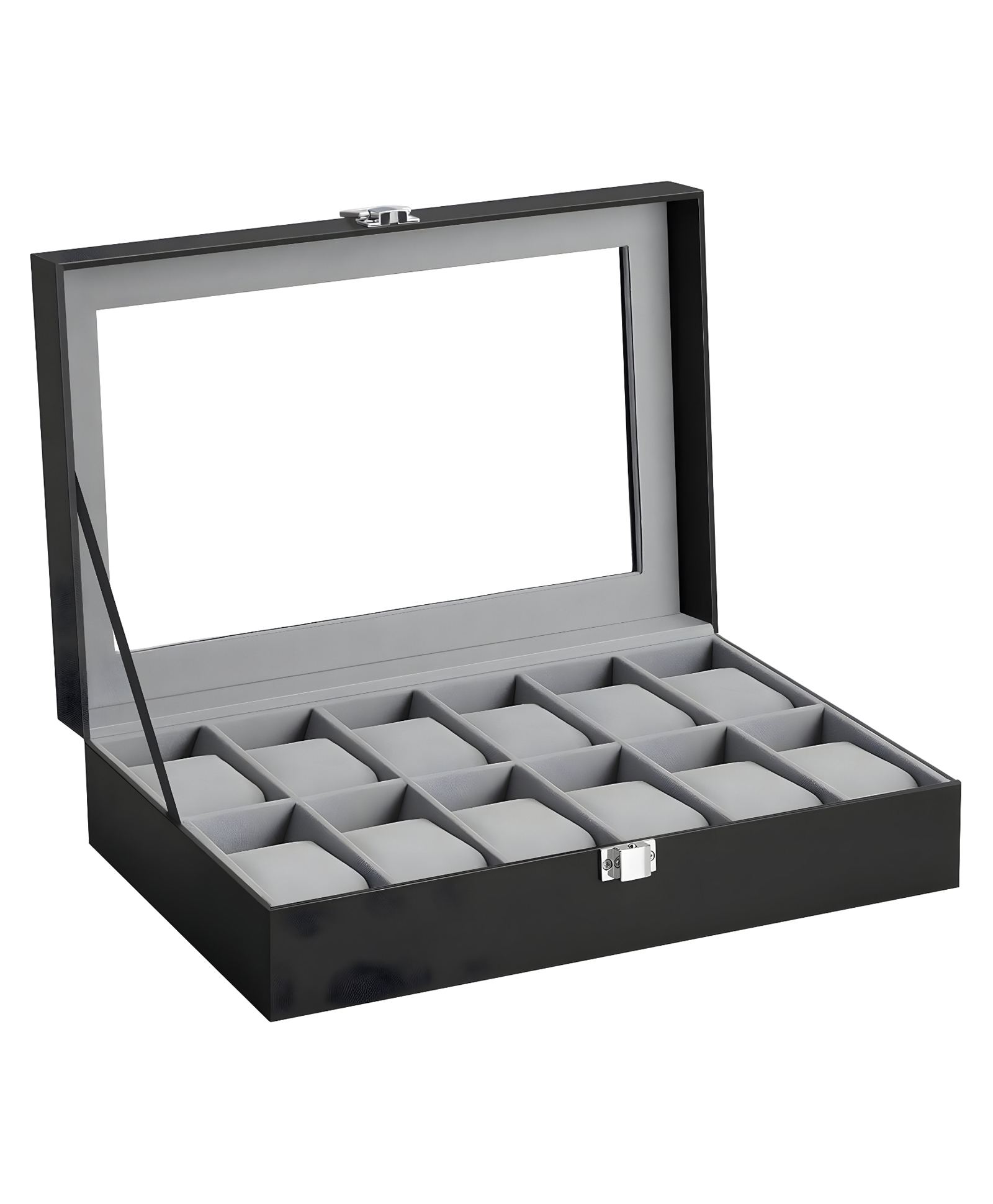 COZY VIBES 12 Slots Watch Box, Display Box, Glass Lid, Removable Pads, Metal Lock, Black Coating and Grey Lining- PACK OF 1- COLOR MAY VARY-image-7