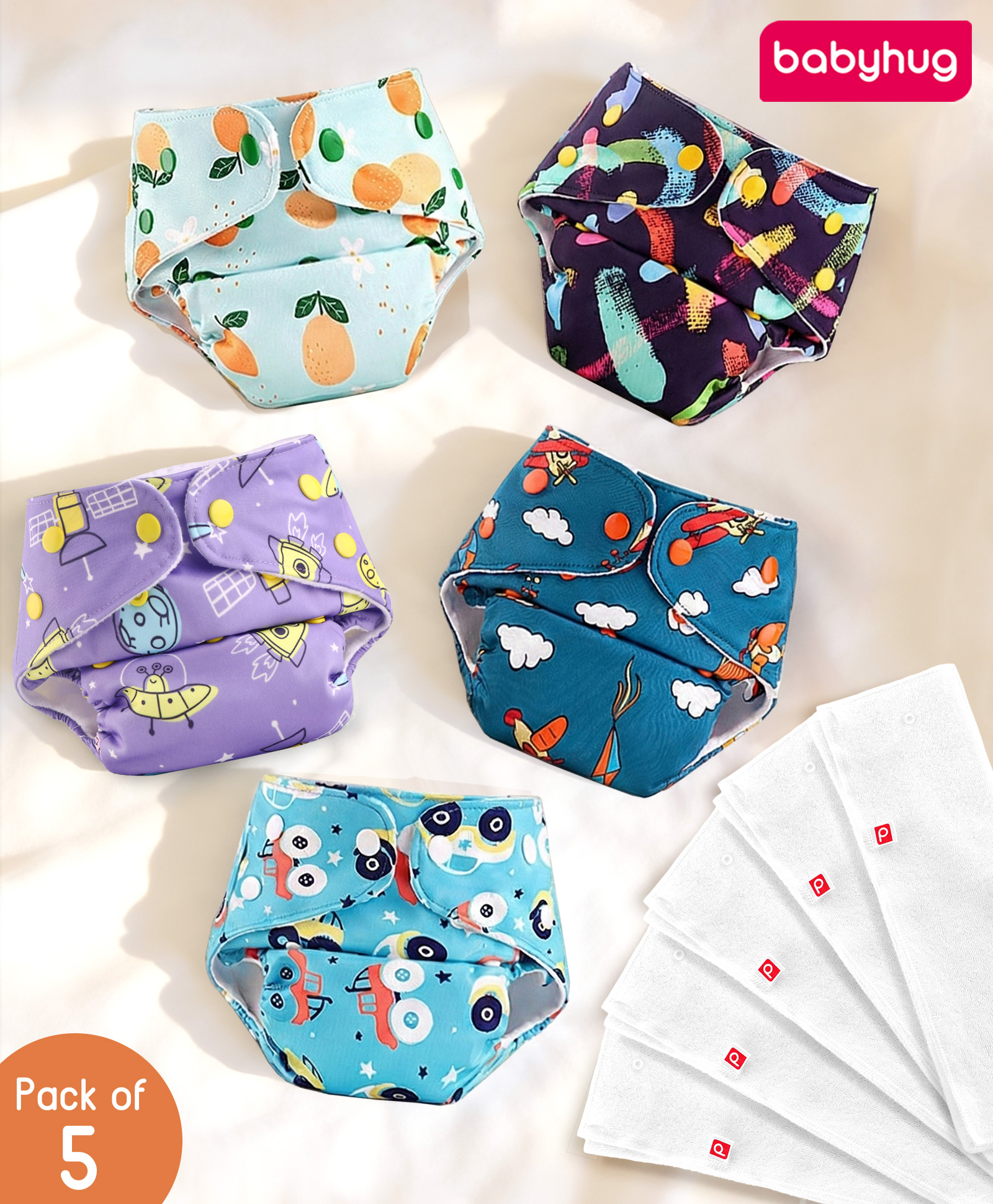 Babyhug Printed Reusable Cloth Diaper with Square Inserts Pack of 5 Free Size - Multicolor| Washable & Eco-friendly| Adjust to Suit Waist Size|Easy Snap Buttons|Soft & Skin Friendly| High Absorbency-image-30