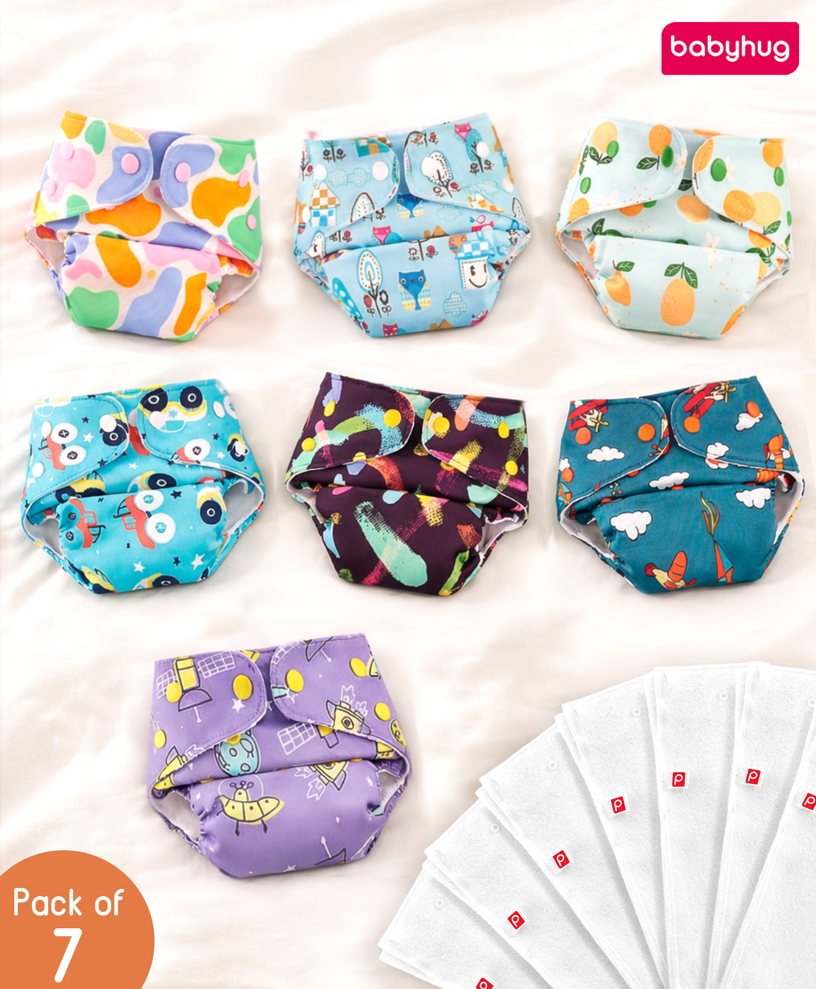 Babyhug Printed Reusable Cloth Diaper with Square Inserts Pack of 7 Free Size - Multicolor| Washable & Eco-friendly| Adjust to Suit Waist Size|Easy Snap Buttons|Soft & Skin Friendly| High Absorbency-image-32