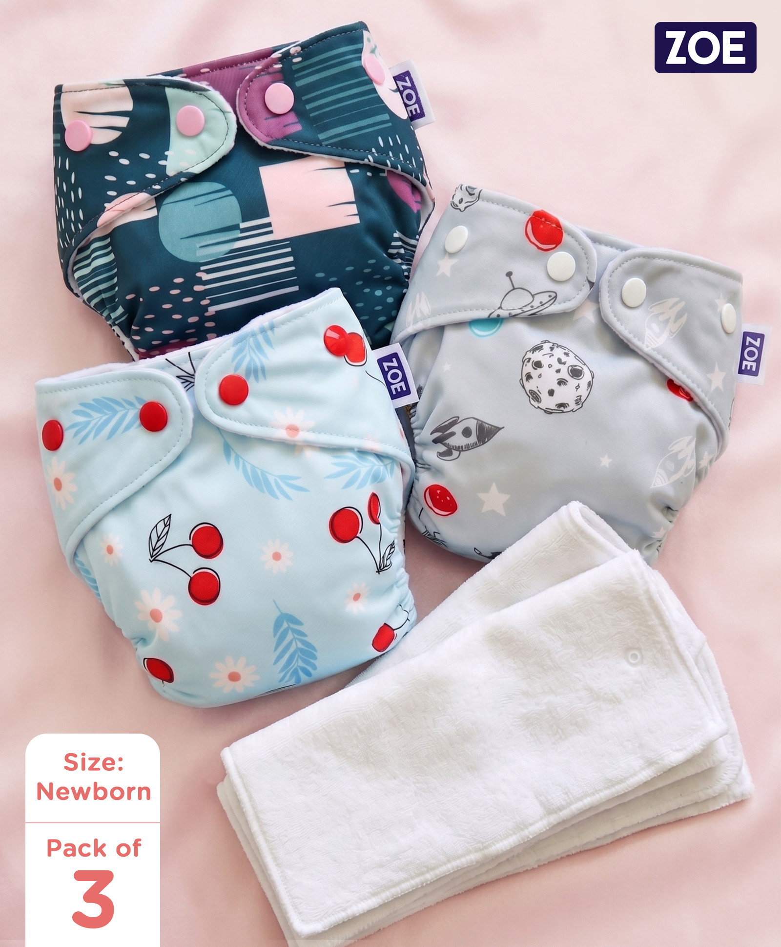 ZOE Printed Reusable Cloth Diaper with Square Inserts Pack of 3 Free Size - Multicolor| Washable & Eco-friendly| Adjust to Suit Waist Size|Easy Snap Buttons|Soft & Skin Friendly| High Absorbency-image-2