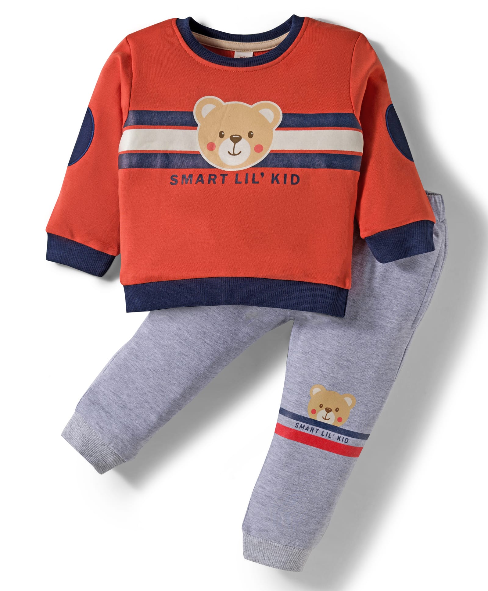 ToffyHouse Knitted Full Sleeves T-Shirt & Joggers Set with Teddy Print - Grey & Rust Orange-image-27