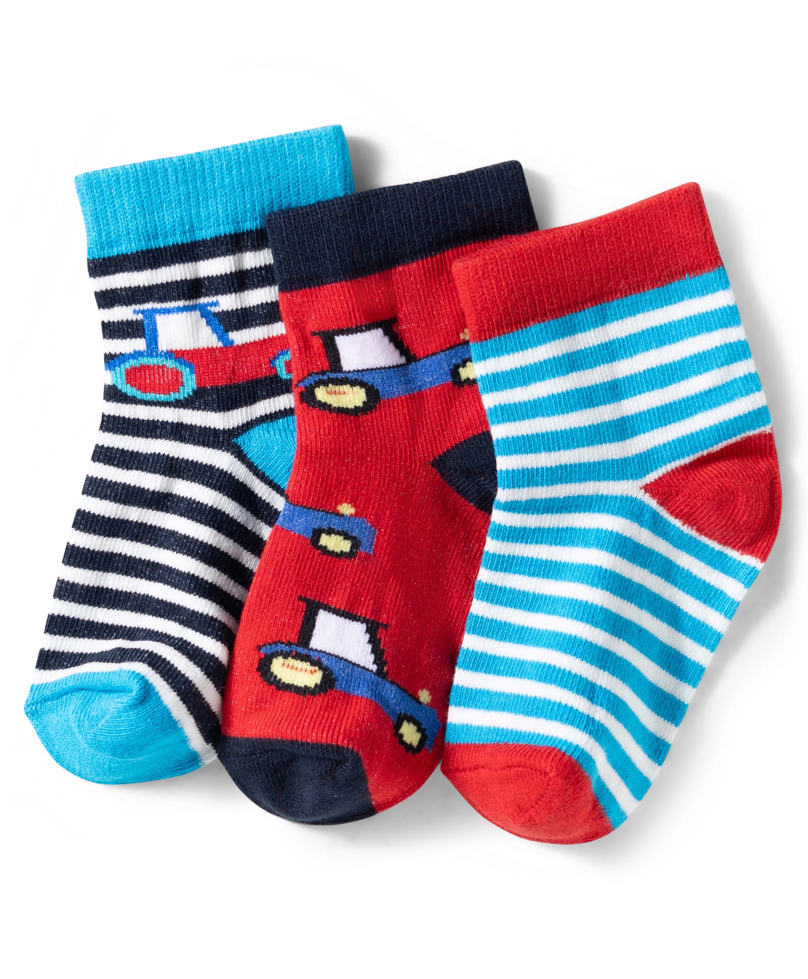 Cute Walk by Babyhug Knit Ankle Length Anti Bacterial Socks with Stripes & Car Design Pack of 3 - Red & Light Blue