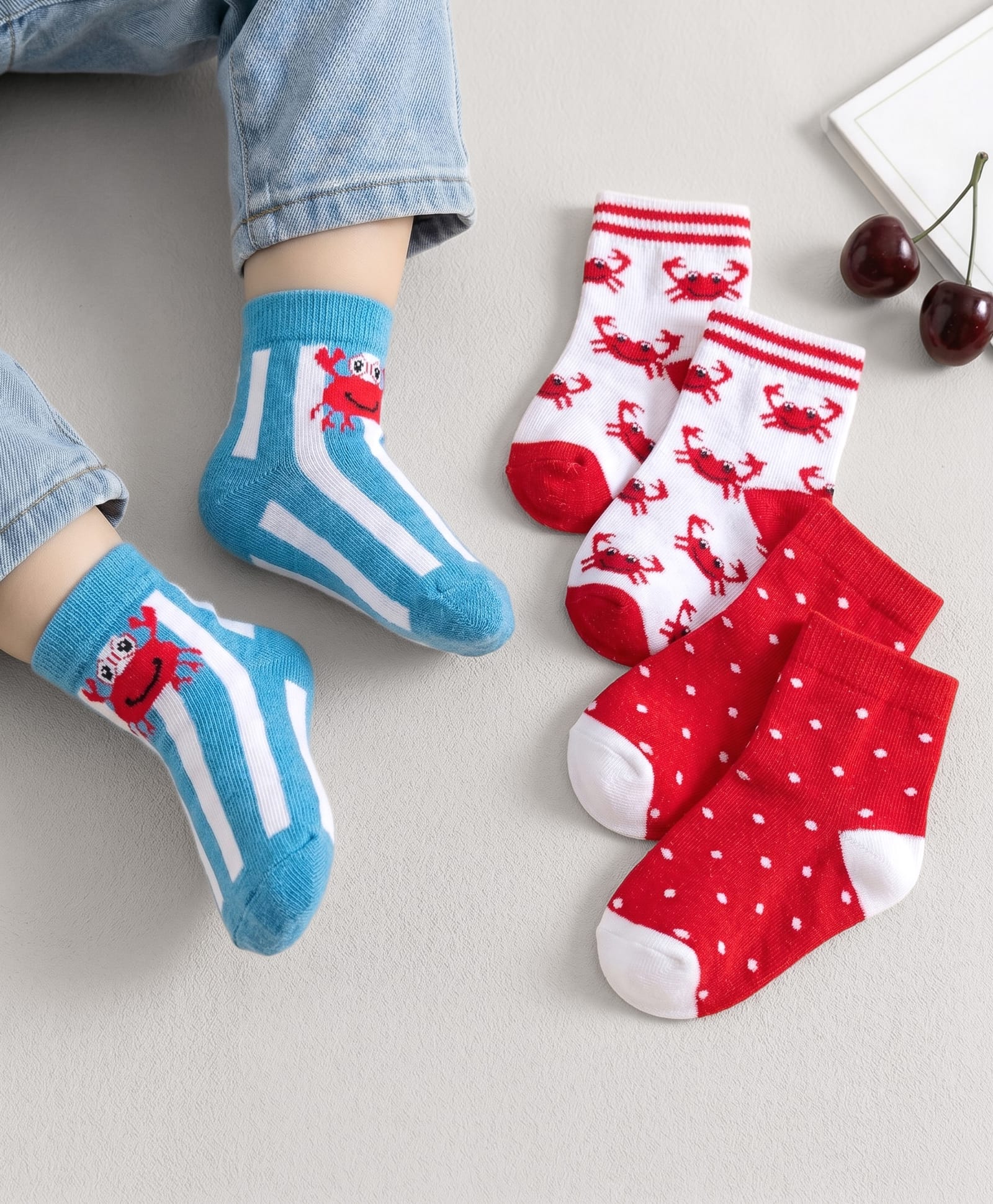 Cute Walk By Babyhug Knit Ankle Length Anti-Bacterial Socks with Stripe Crab & Polka Dot Design Pack of 3 -Blue Red & White-image-35