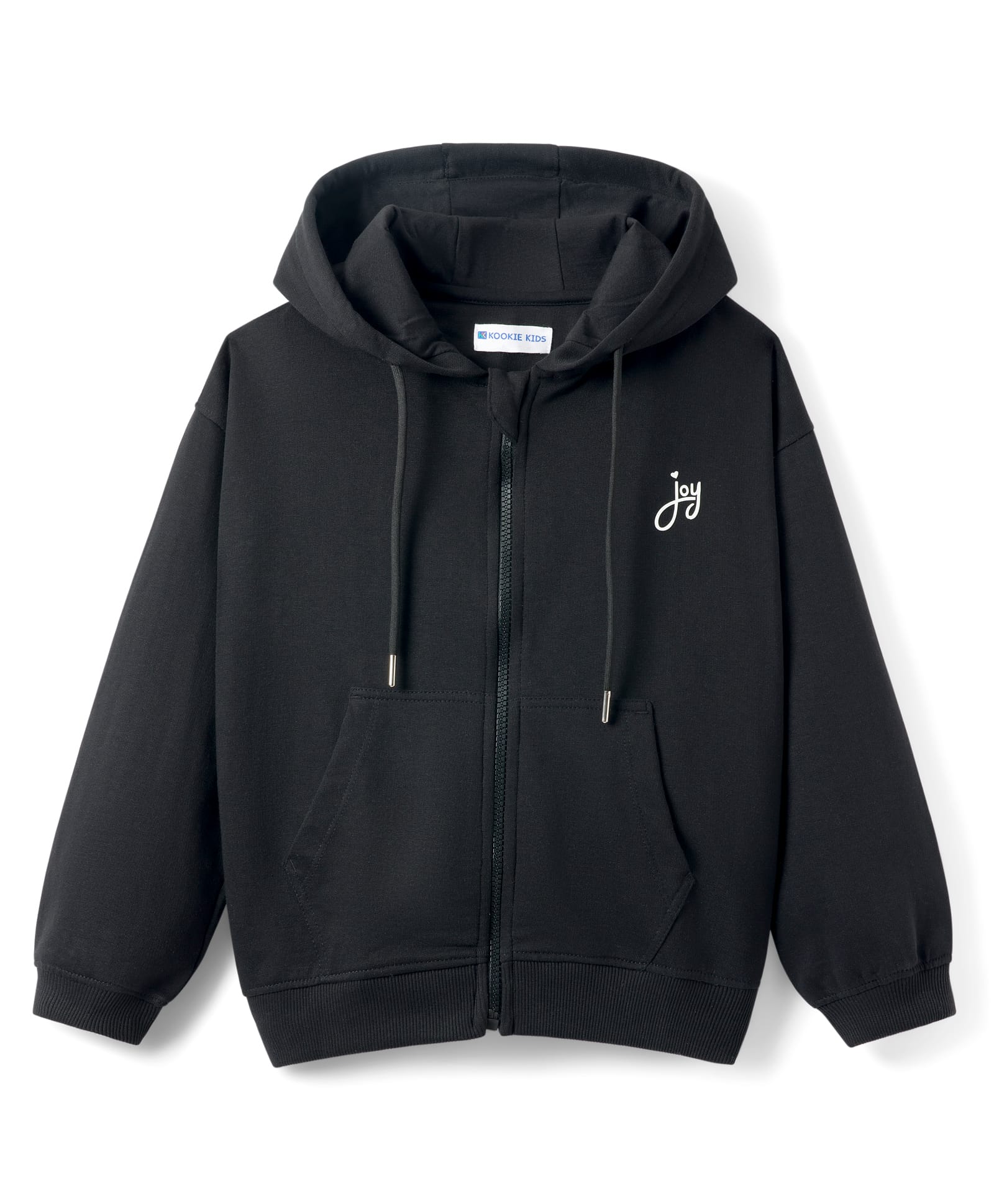 Kookie Kids Looper Knit Full Sleeves Hooded Sweatjacket with Kangaroo Pockets & Joy Text Print - Black-image-13