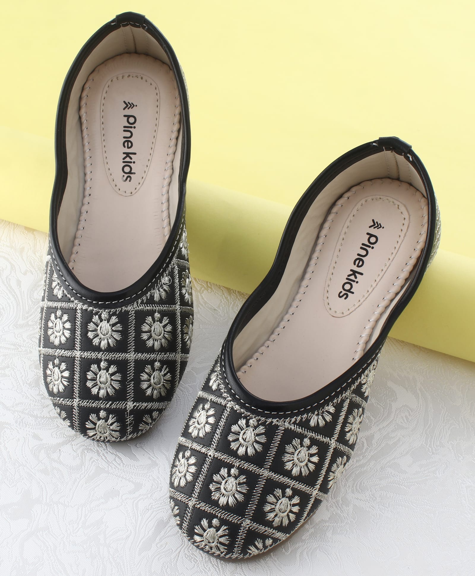 Pine Kids Slip On Mojaris with Embroidery - Black & Gold-picture-26