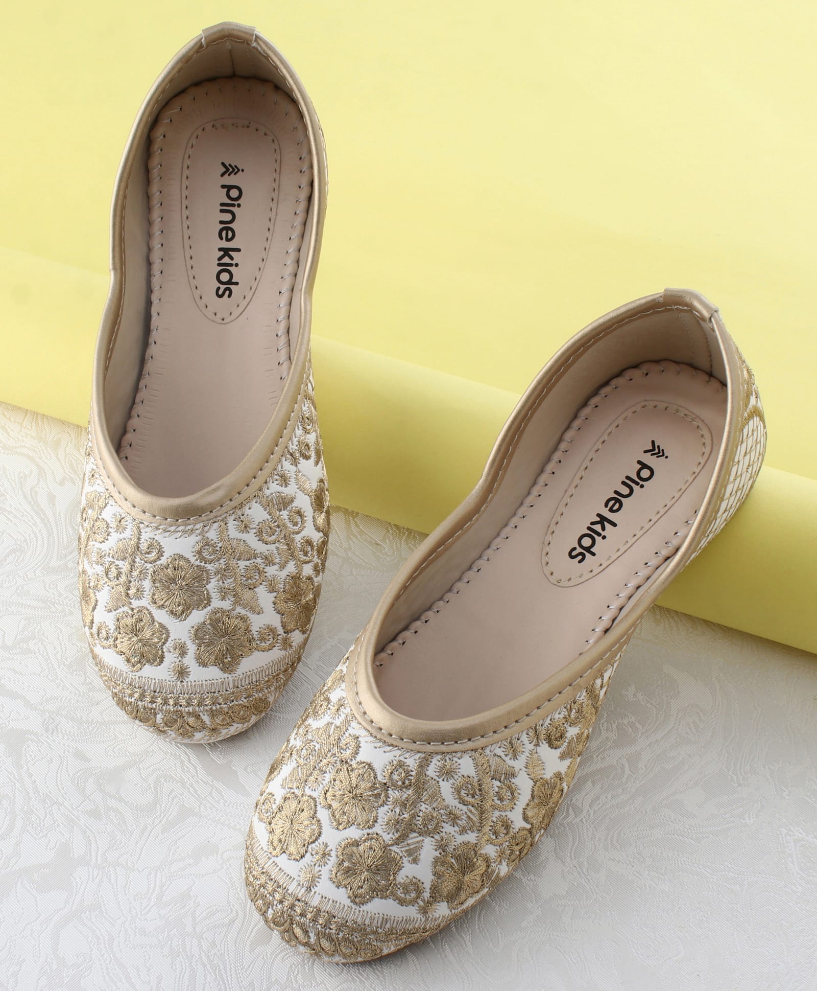 Pine Kids Slip On Mojaris with Embroidery - White & Gold-image-7
