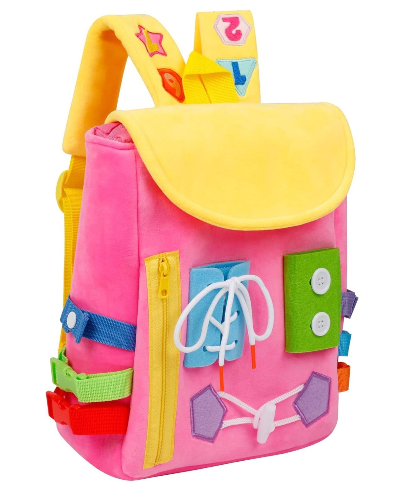 KolorFish Busy Board - Toddler Backpack with Buckles and Learning Activity Toys - Develop Fine Motor Skills and Basic Life Skills - Learn to Tie Shoes - Children's Travel Toy - Ideal Gift (Pink)-picture-15