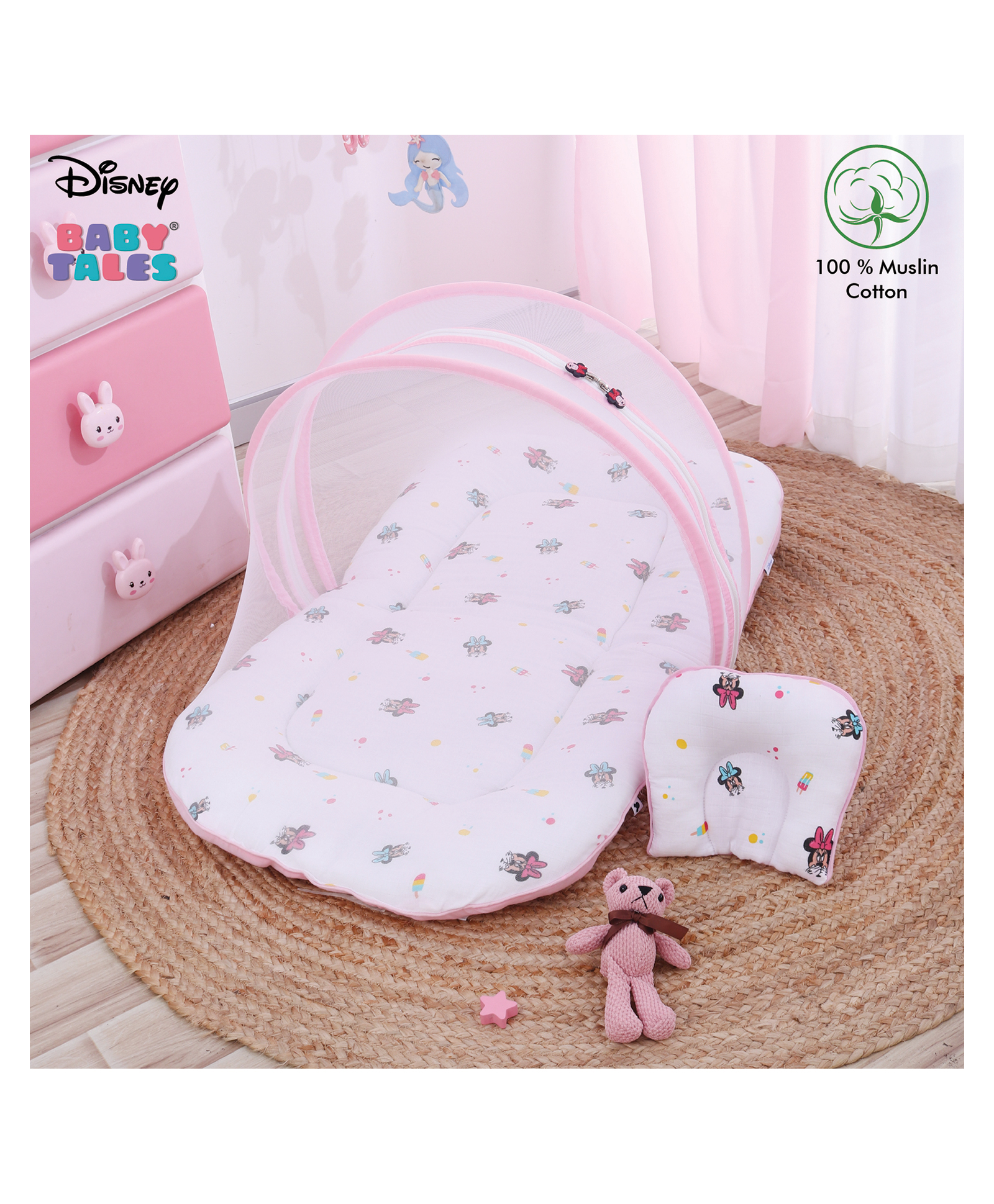 Disney by Baby Tales Printed Muslin Baby Bedding with Mosquito Net - Pink-image-45