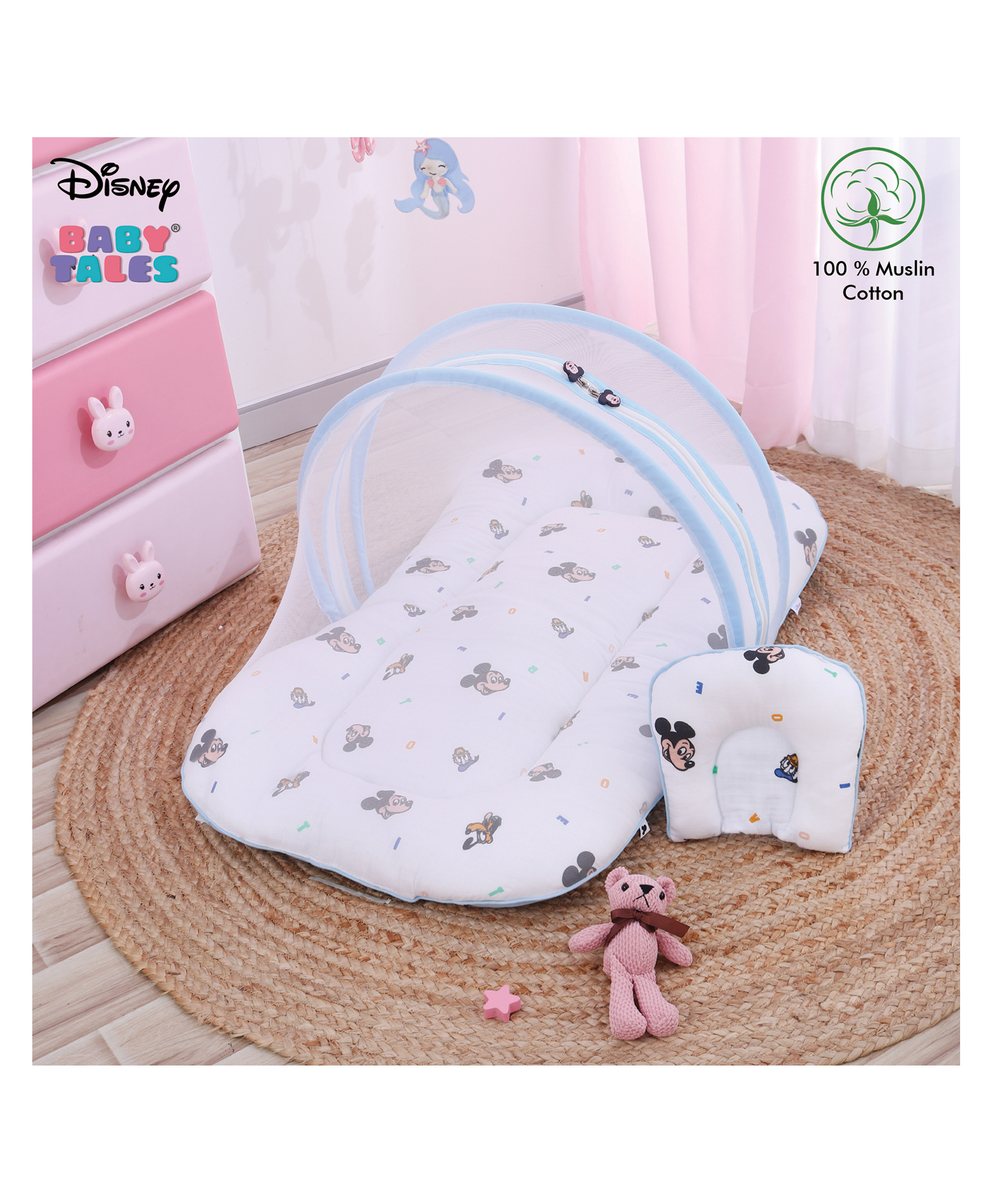 Disney by Baby Tales Printed Muslin Baby Bedding with Mosquito Net - Light Blue-image-2