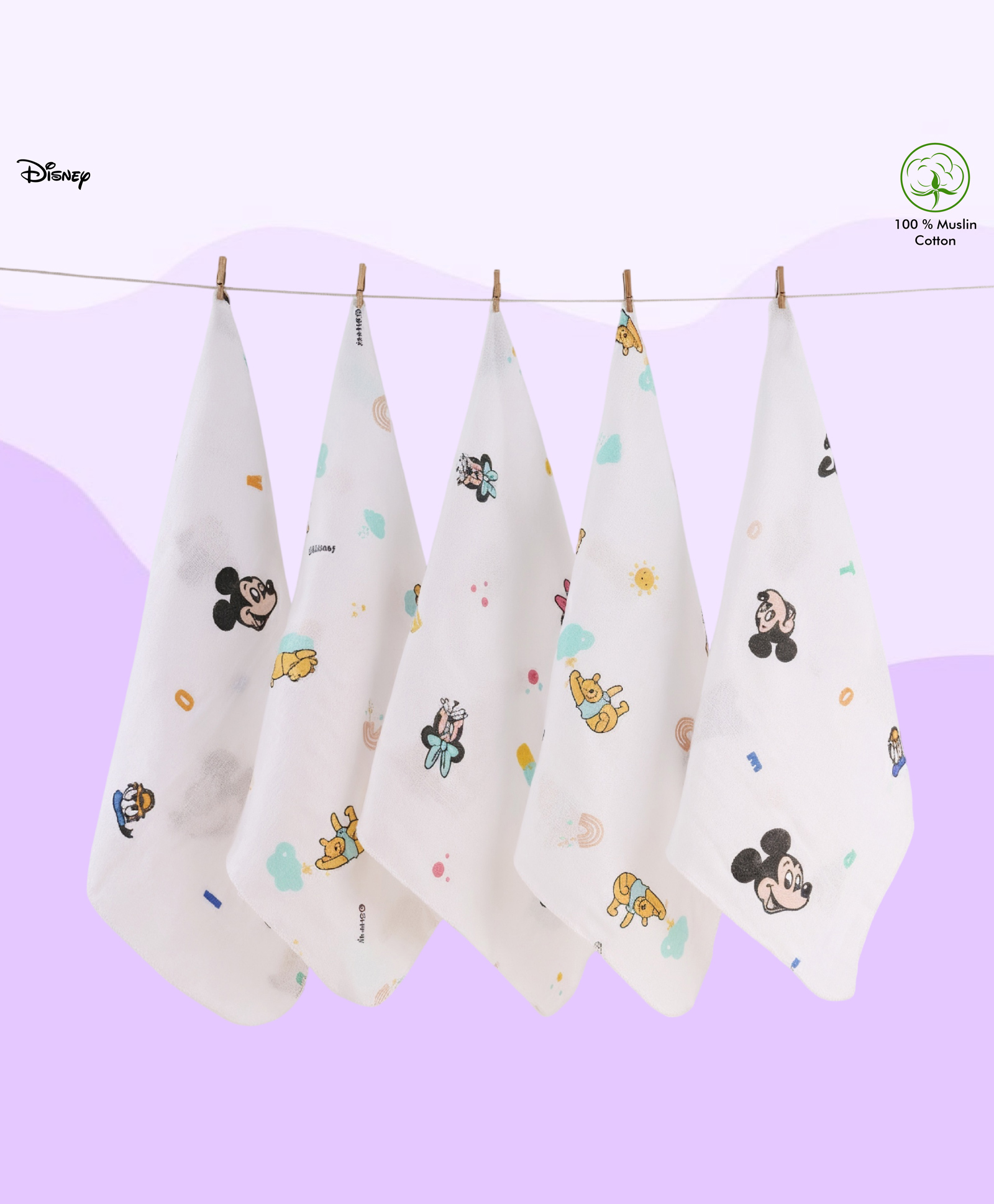 Disney by Baby Tales Muslin Wash Cloths With Minnie Mouse Print Pack of 5 - White-image-23