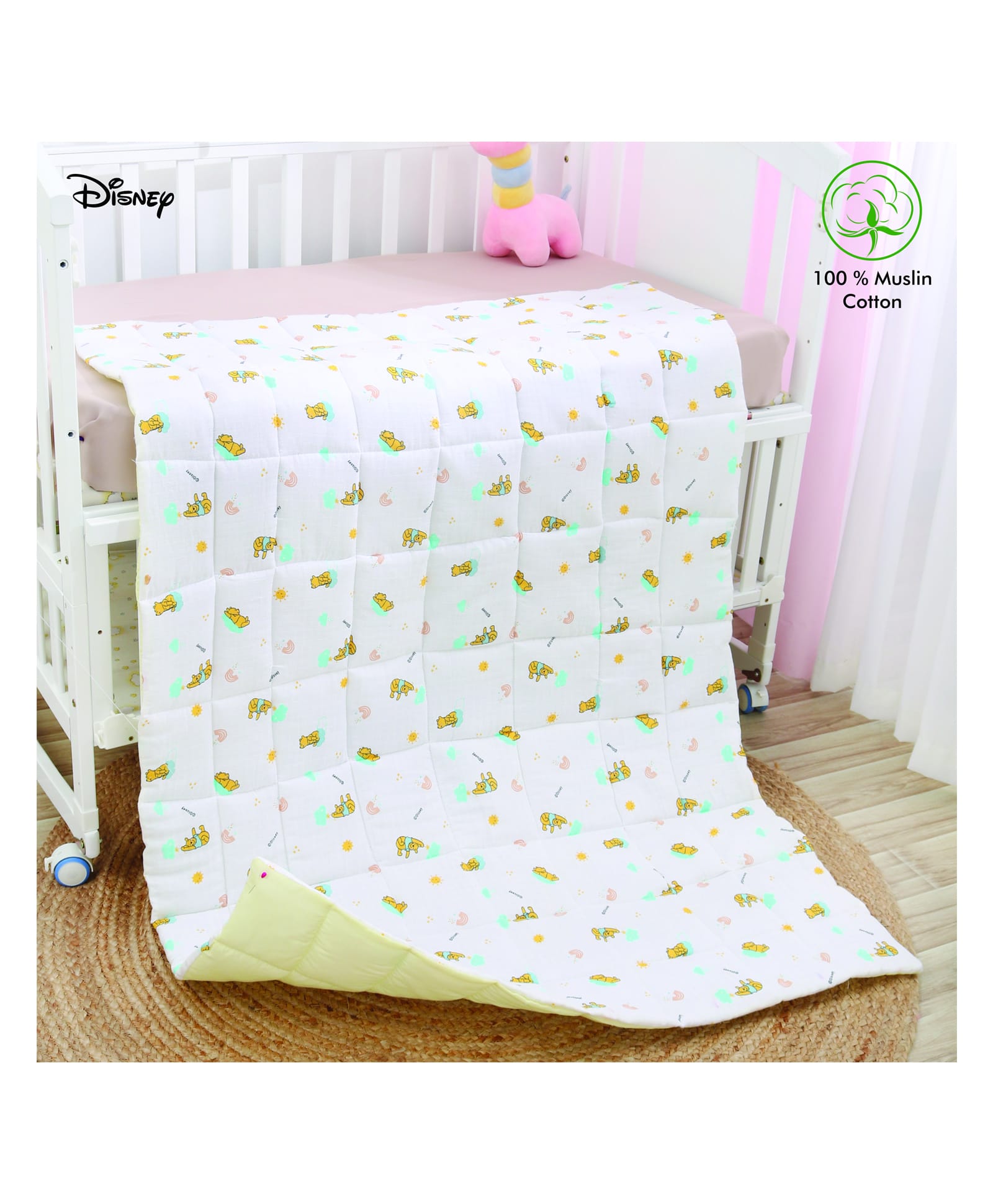 Disney by Baby Tales Premium 100% Cotton Muslin Quilt Pooh Print - White & Yellow| Soft & Comfortable| Breathable Fabric| New Born Gifting Option| Light Weight & Foldable| Travel Friendly| Size- L-image-49