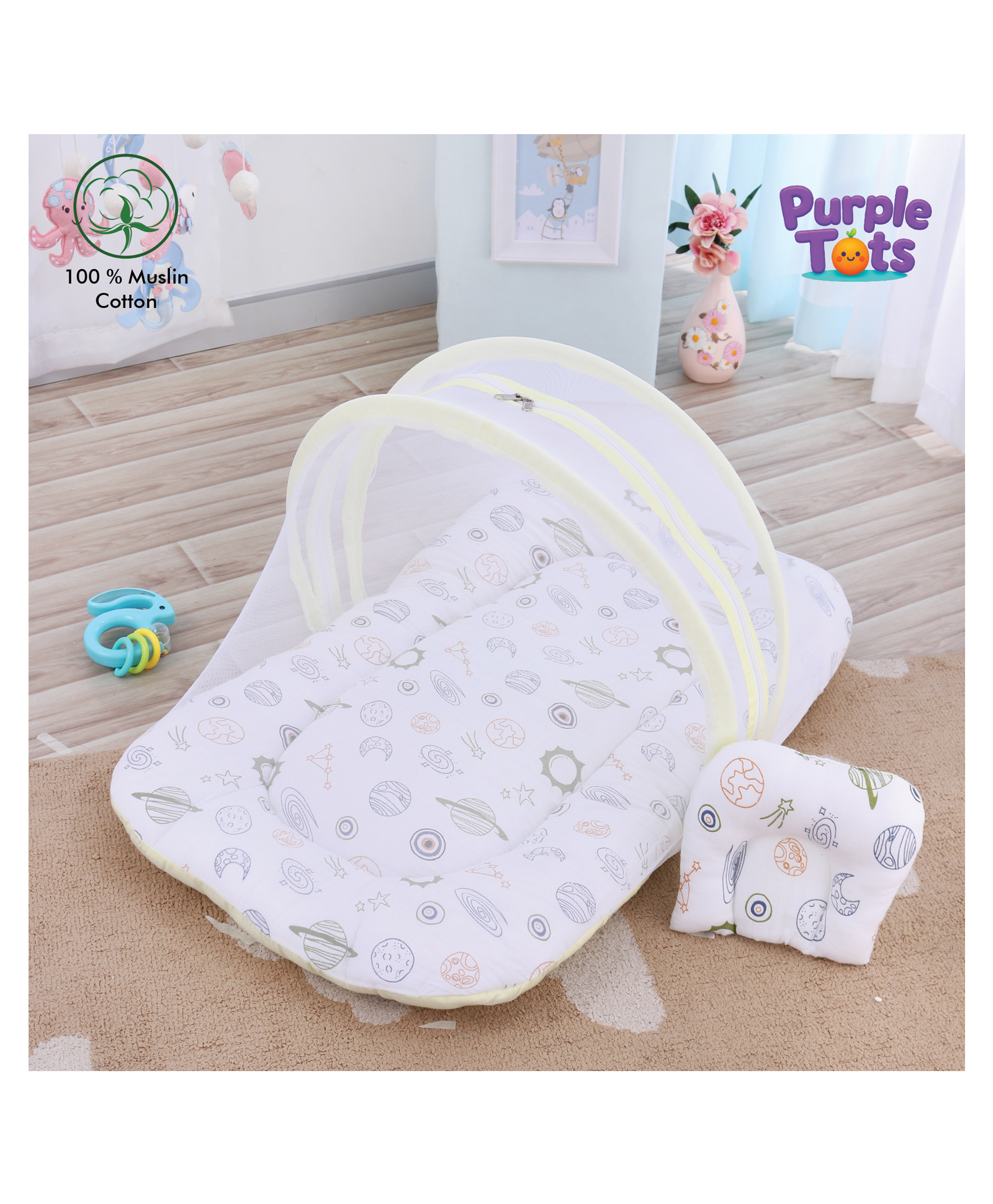 Purple Tots Muslin Baby Bedding Set & Mosquito Net with Space Design - White & Yellow-image-34