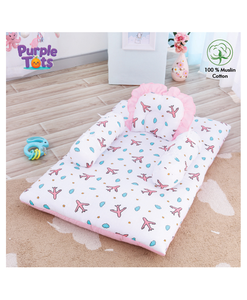 Purple Tots Muslin Baby Bedding Set with Aeroplane Print - White & Pink-picture-17