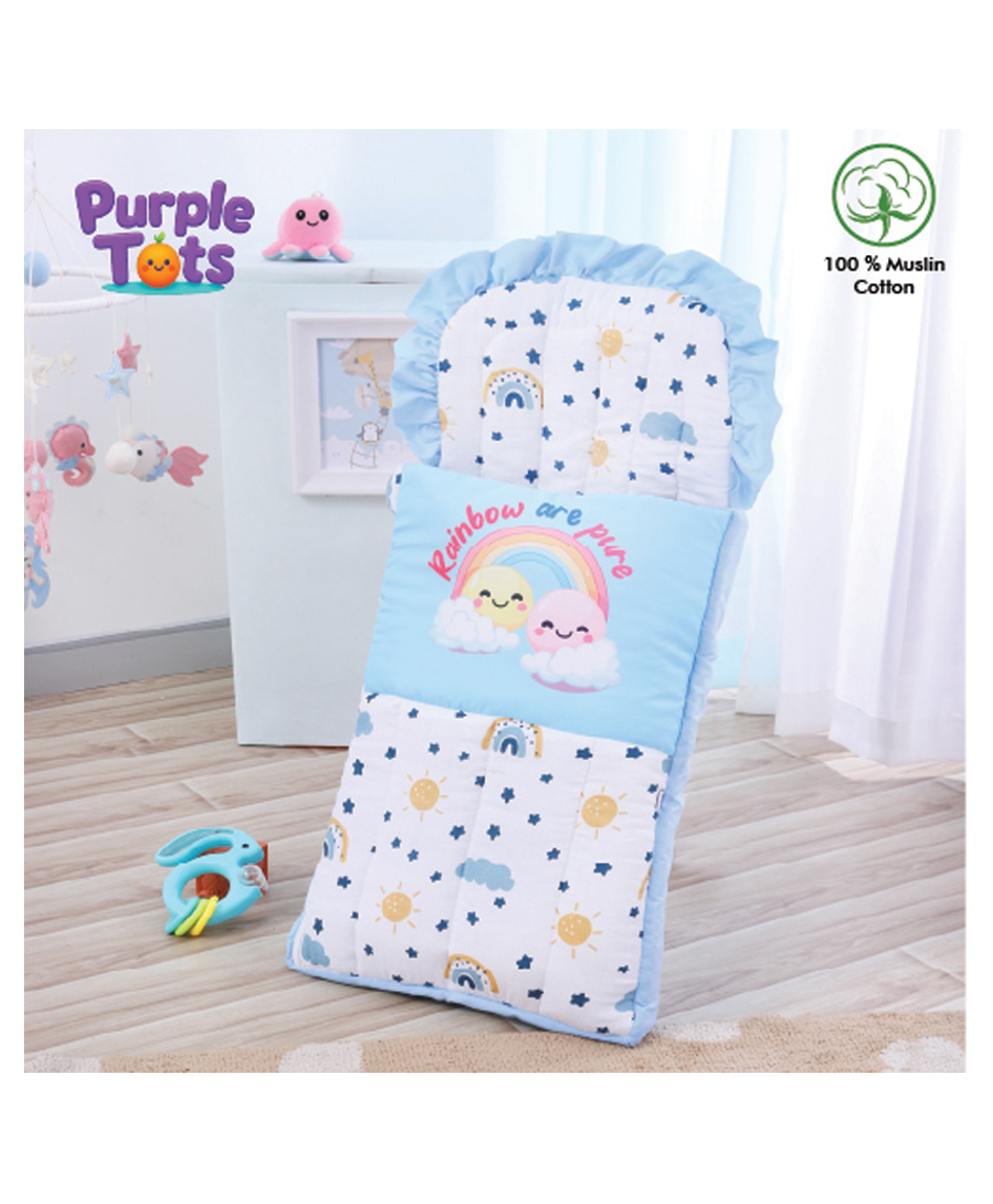 Purple Tots Muslin Sleeping Bag with Frill Detailing & Rainbow Design - White & Light Blue-image-25