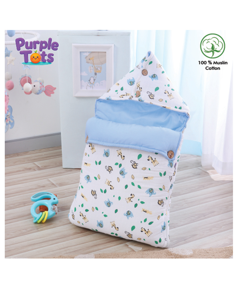 Purple Tots Muslin Nest Sleeping Bag with Buttons & Animal Design - White & Light Blue-image-6