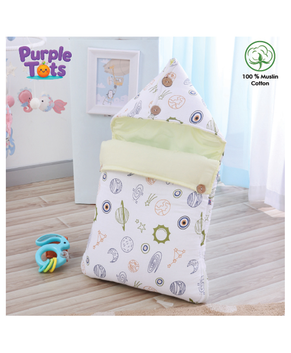 Purple Tots Muslin Nest Sleeping Bag with Buttons & Space Design - White & Yellow-image-31