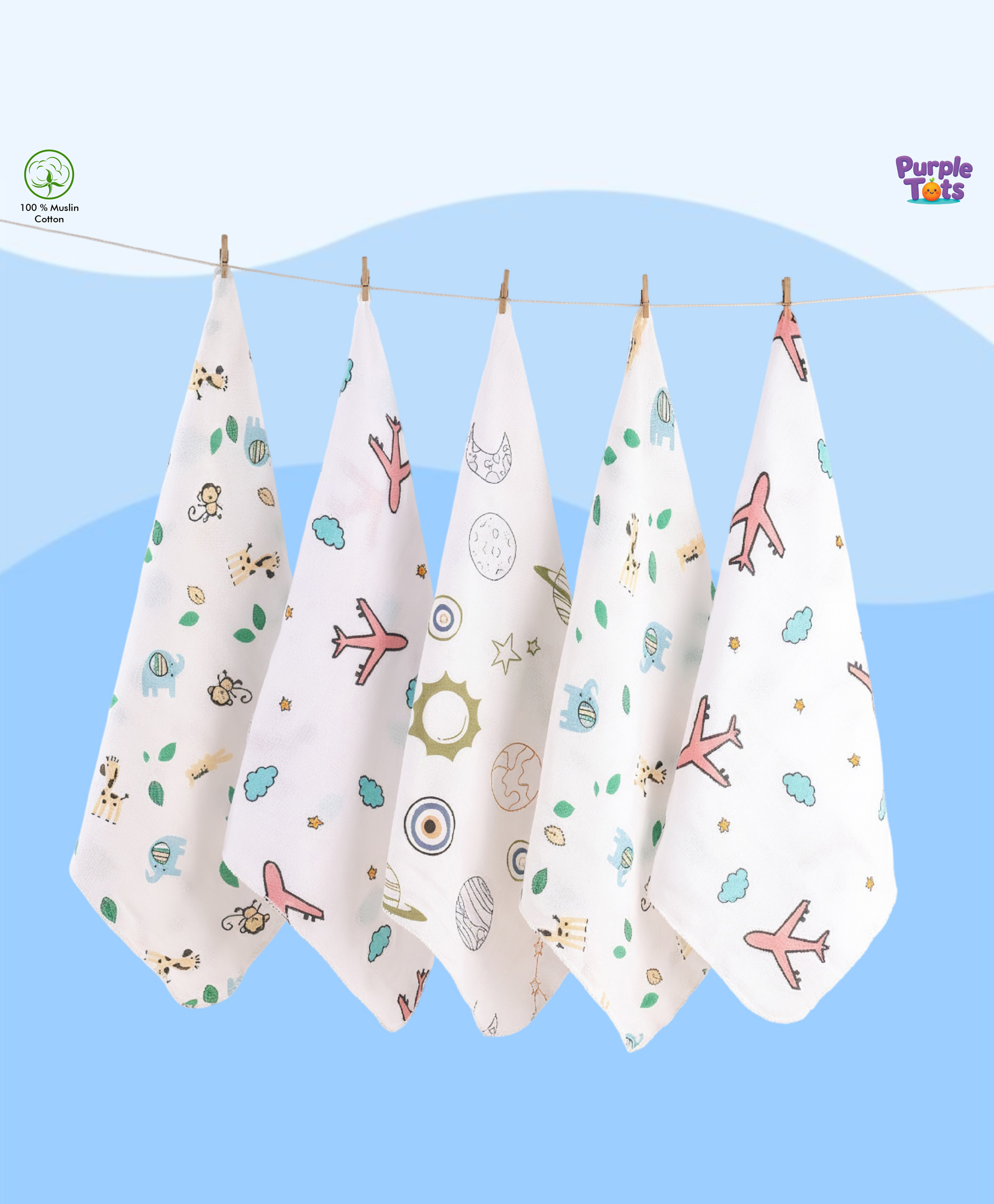Purple Tots Muslin Printed Wash Clothes Pack of 5 - White