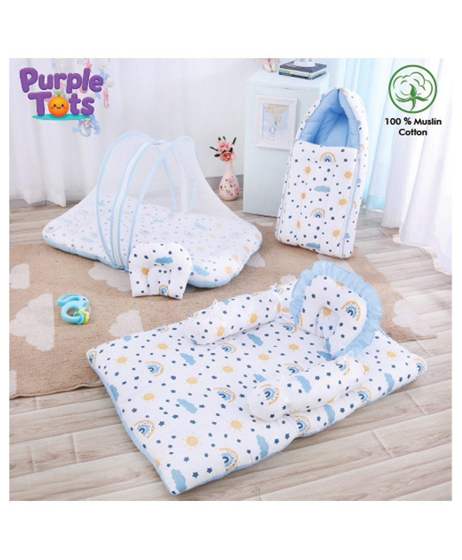 Purple Tots Muslin Printed Bedding Set - Blue-image-2