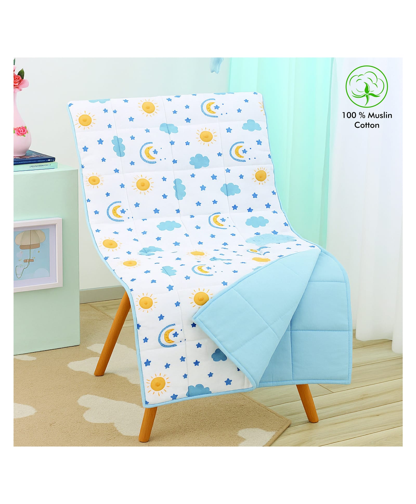 Purple Tots Muslin Single Side Printed Quilted Blanket - Light Blue-image-37