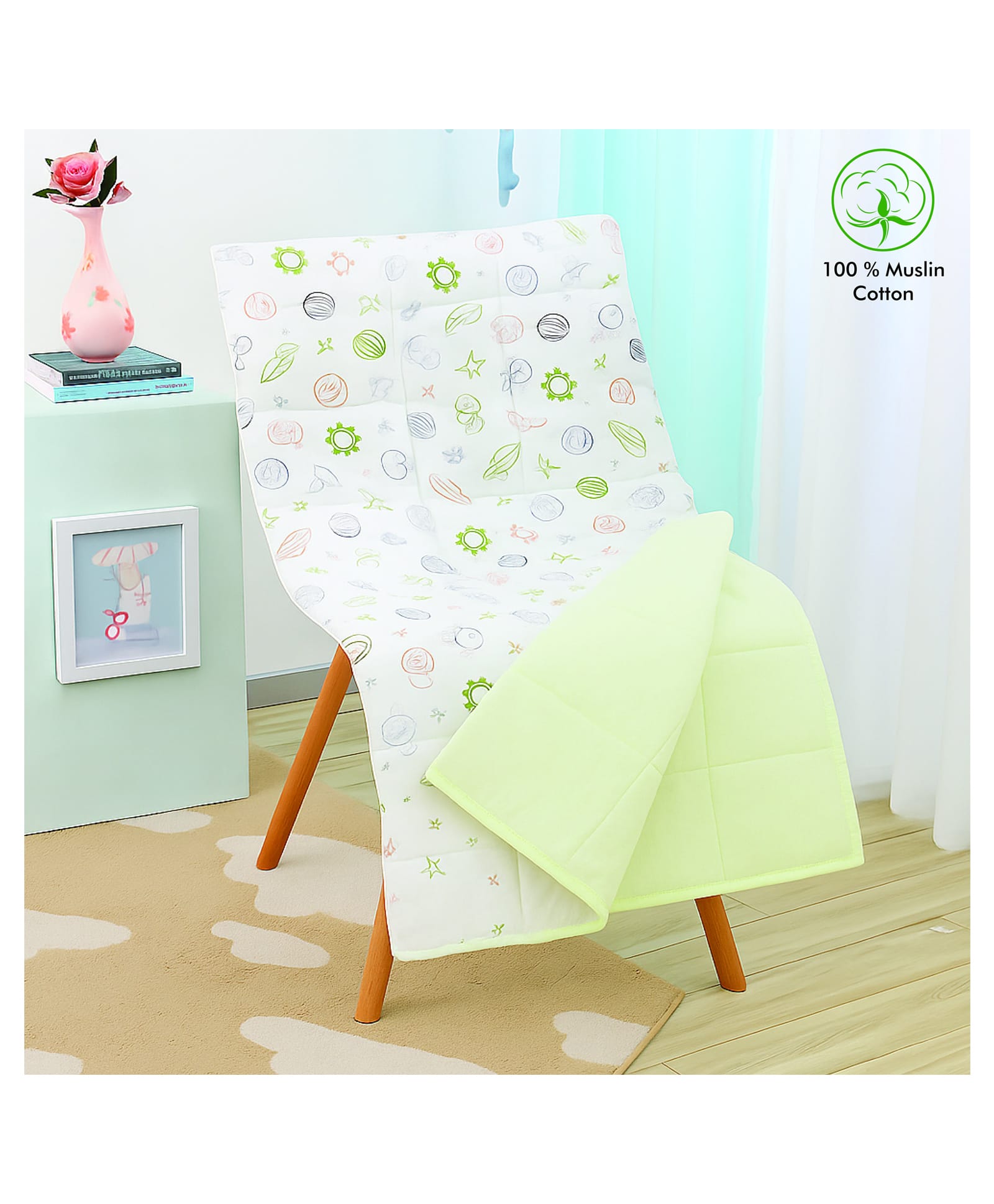 Purple Tots Muslin Single Side Printed Quilted Blanket - Light Green-image-36