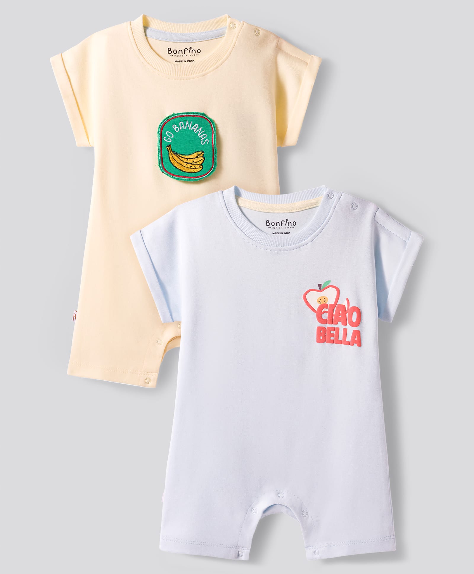 Bonfino 100% Cotton Knit Half Sleeves Romper with Fruit Print & Patch Detailing Pack of 2 - Light Yellow & Blue-picture-28