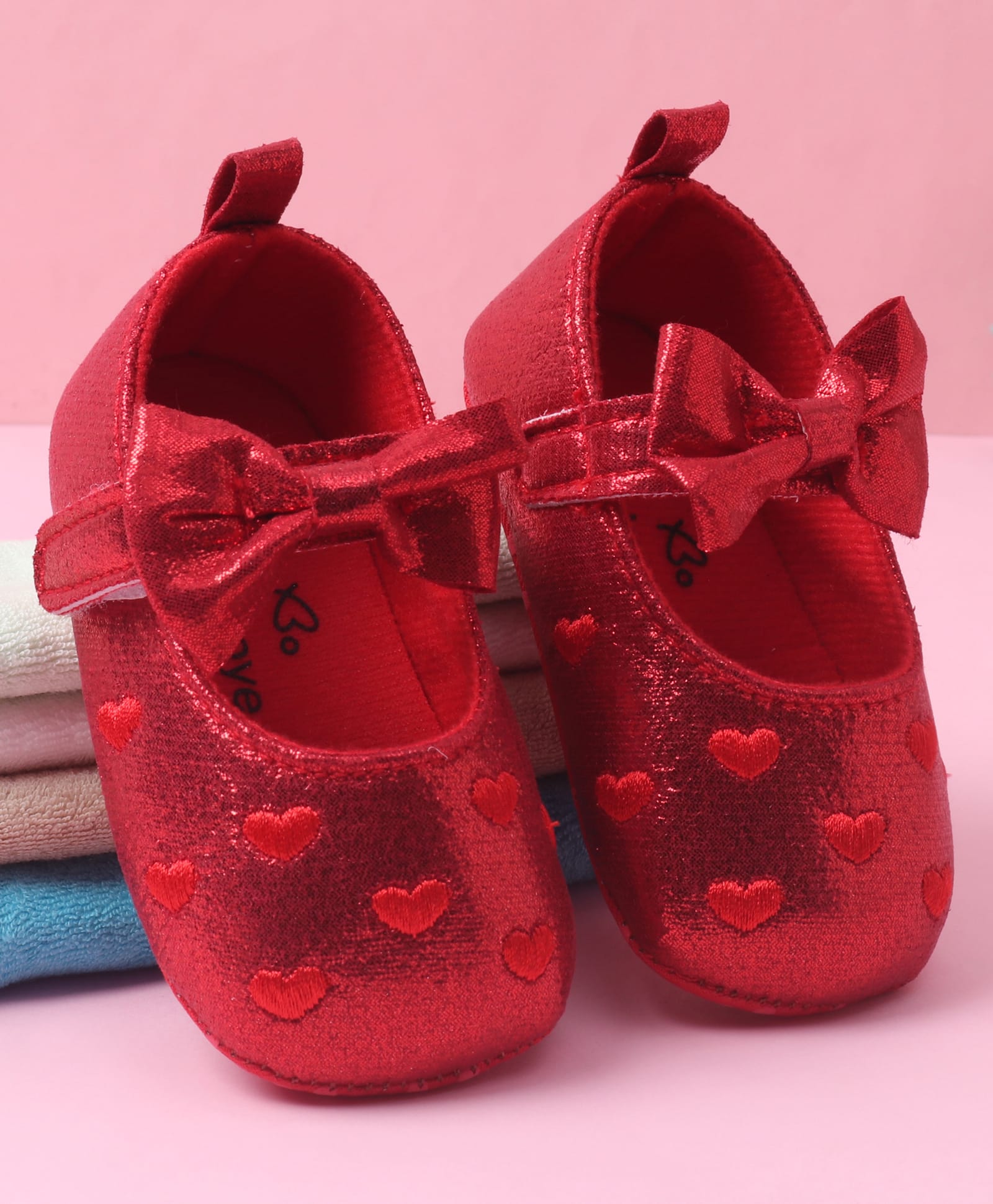 Babyoye Velcro Closure Booties with Heart Embroidery & Bow Applique - Red