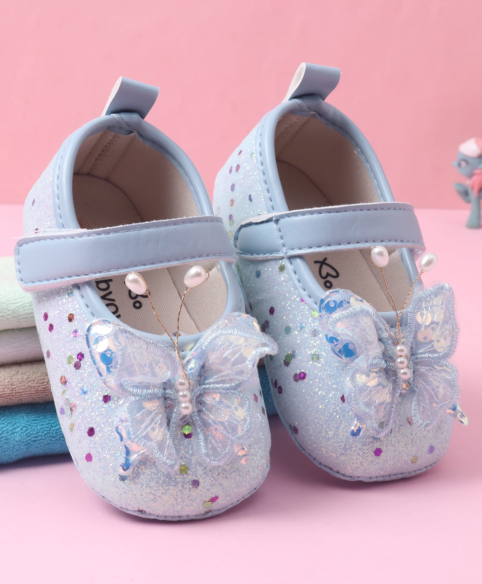 Babyoye Velcro Closure Booties with Butterfly Applique & Glitter Detailing - Blue