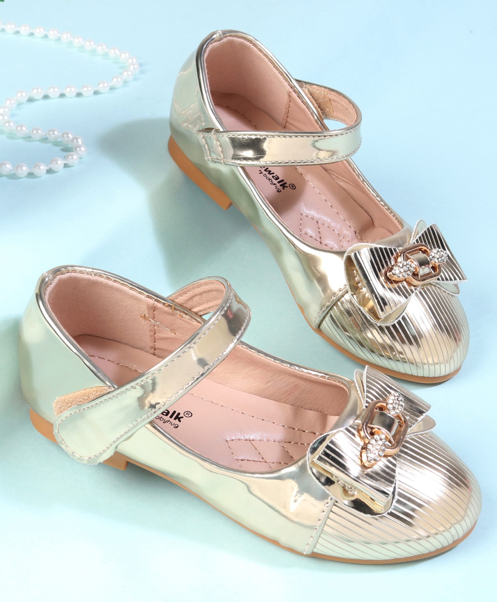 Cute Walk by Babyhug Velcro Closure Closed Toe Ballerina with Bow Applique - Golden