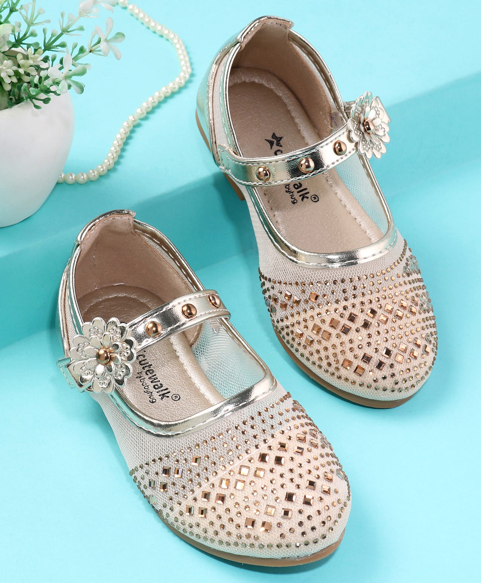 Cute Walk by Babyhug Ballerina With Velcro Closure & Floral Applique - Golden