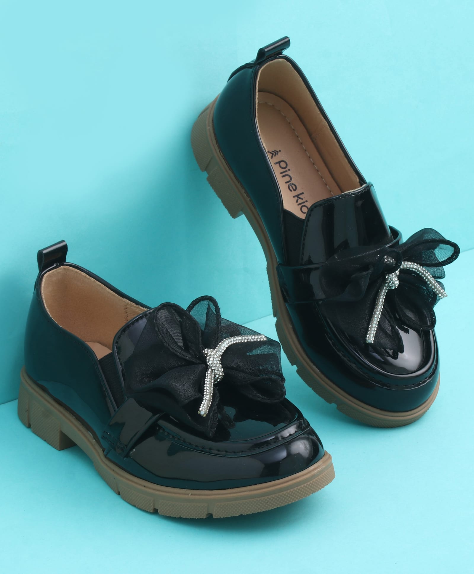 Pine Kids Slip On Closed Toe Ballerina with Bow Applique - Black