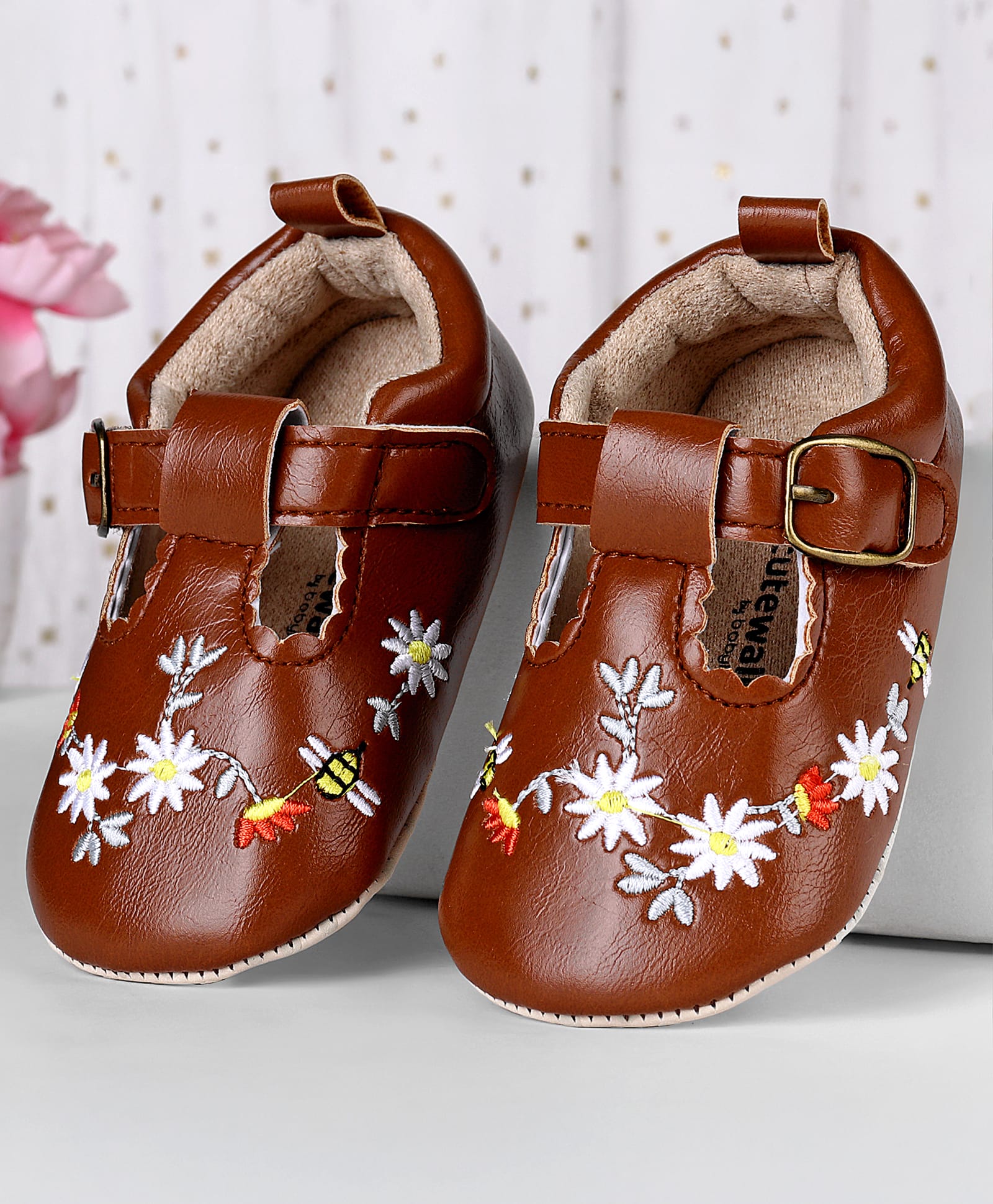 Cute Walk by Babyhug Velcro Closure Booties with Embroidery - Brown-picture-11